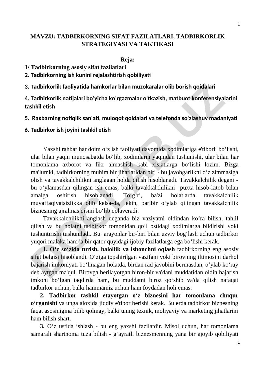 Tadbirkorning sifat fazilatlari, tadbirkorlik strategiyasi va taktikasi