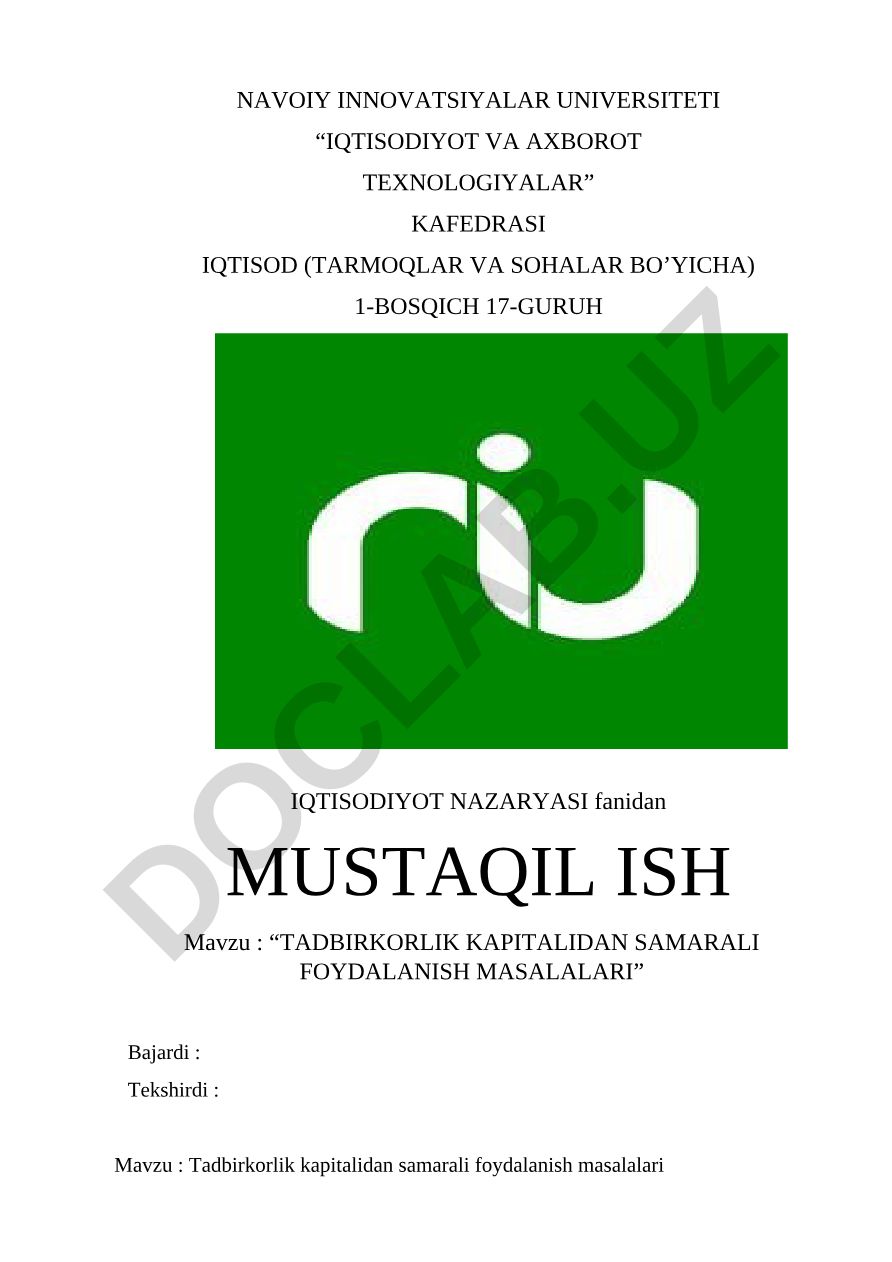 Tadbirkorlik kapitalidan samarali foydalanish masalalari