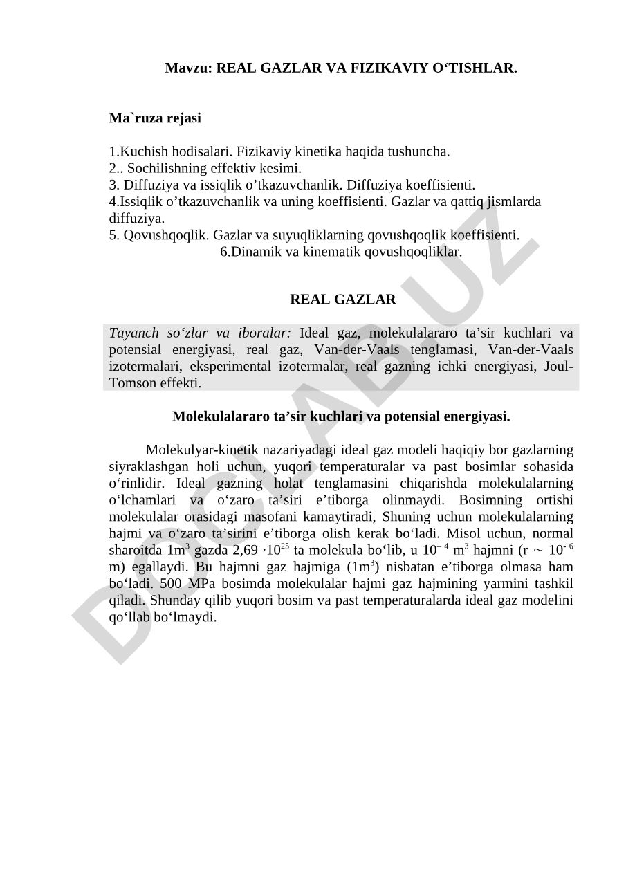 REAL GAZLAR VA FIZIKAVIY O‘TISHLAR