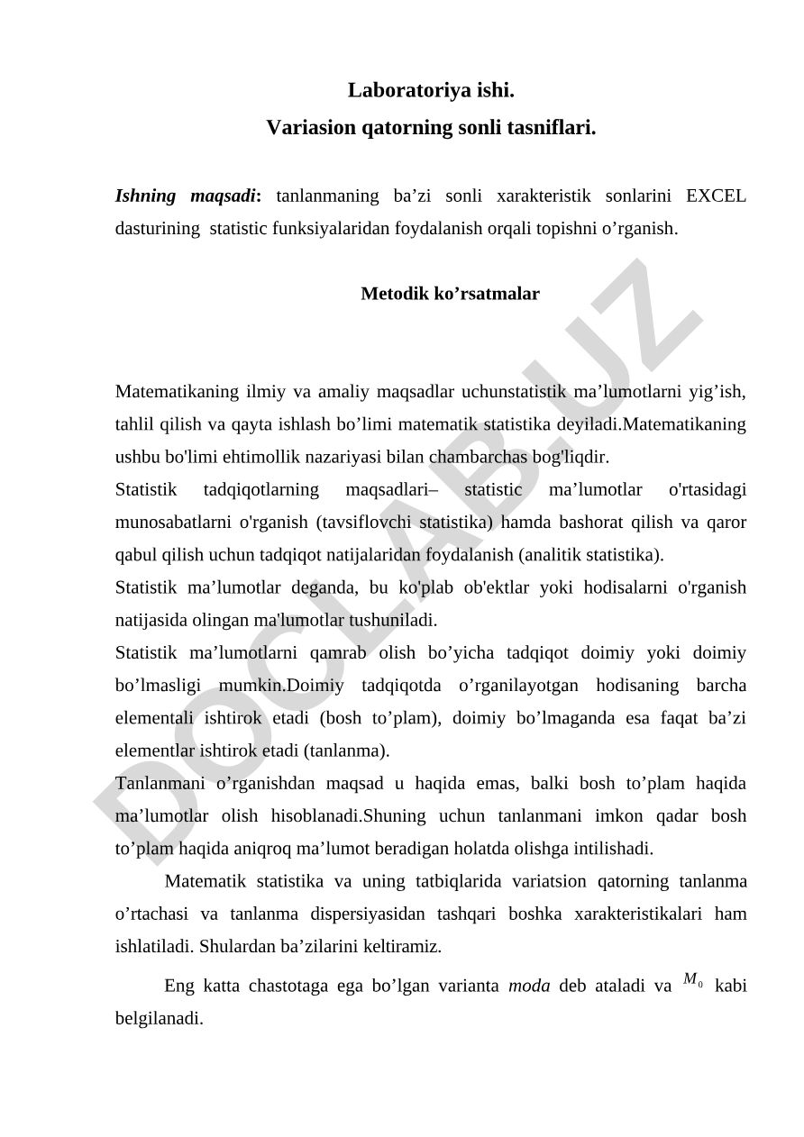 Variasion qatorning sonli tasniflari