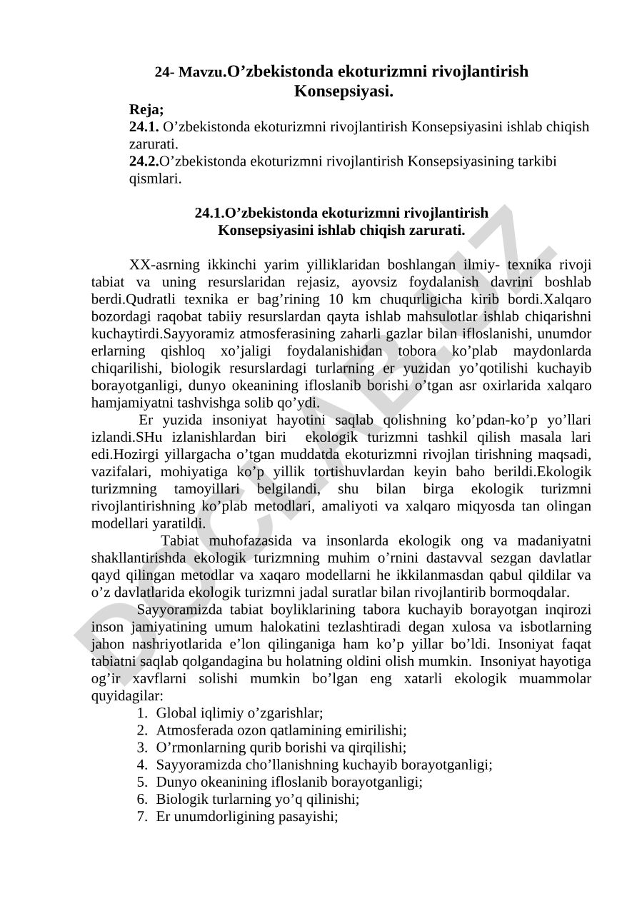 O'zbekistonda ekoturizmni rivojlantirish Konsepsiyasi