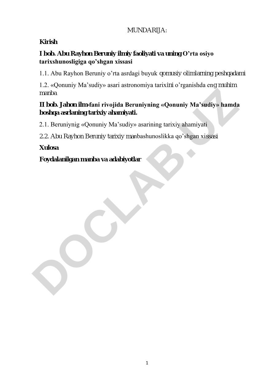 Abu Rayhon Beruniy ilmiy faoliyati va uning O’rta osiyo tarixshunosligiga qo’shgan xissasi