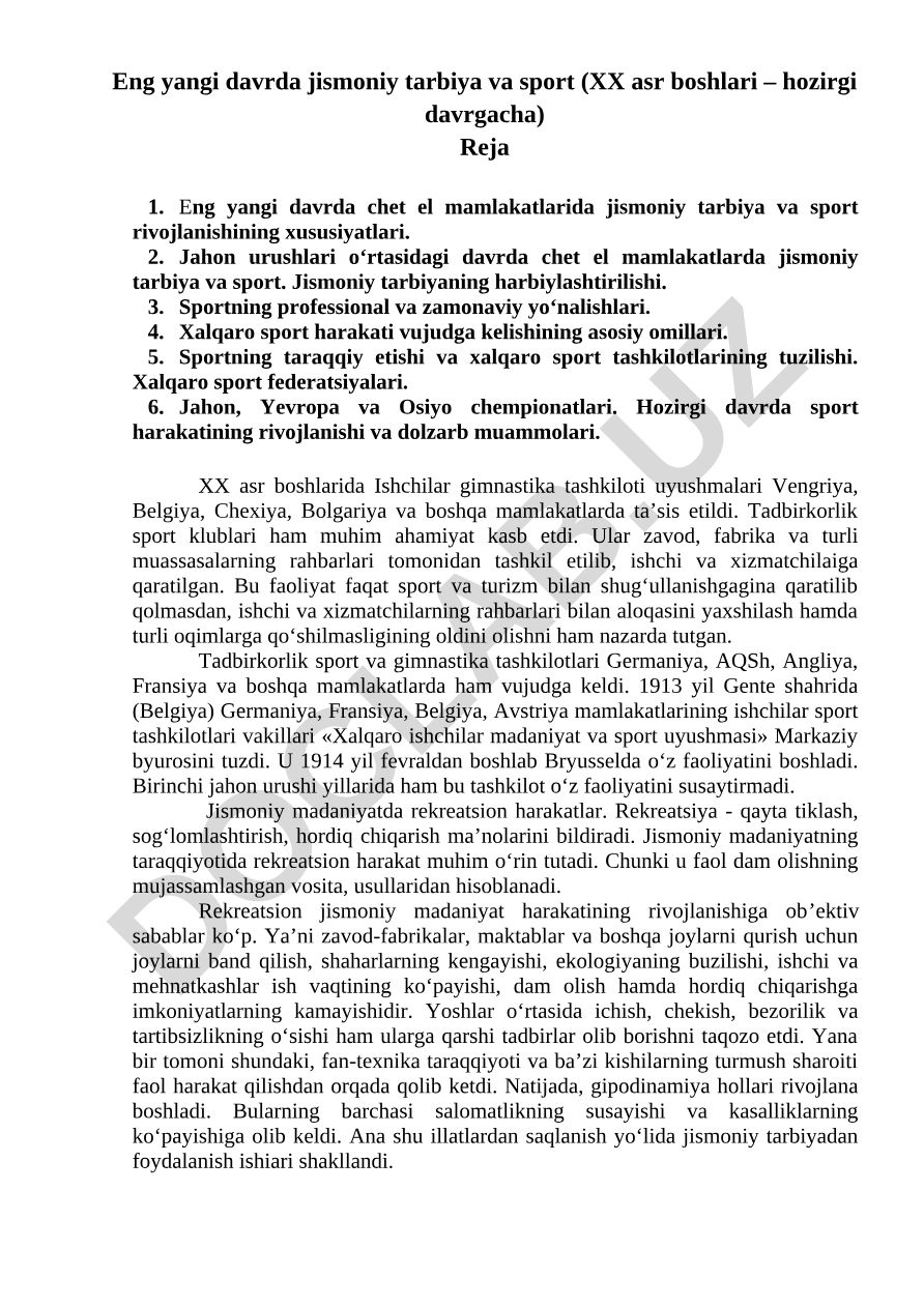 Eng yangi davrda jismoniy tarbiya va sport rivojlanishi
