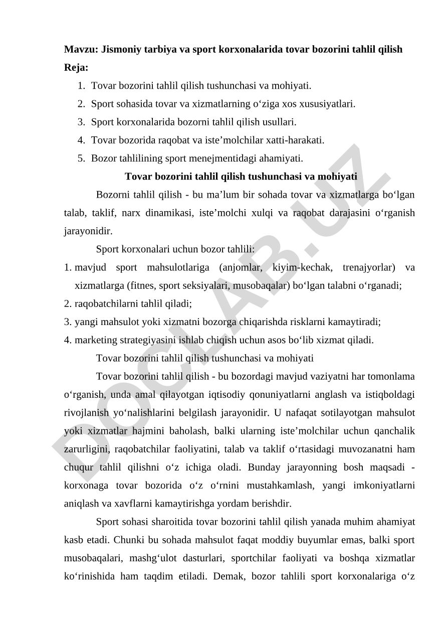 Jismoniy tarbiya va sport korxonalarida tovar bozorini tahlil qilish