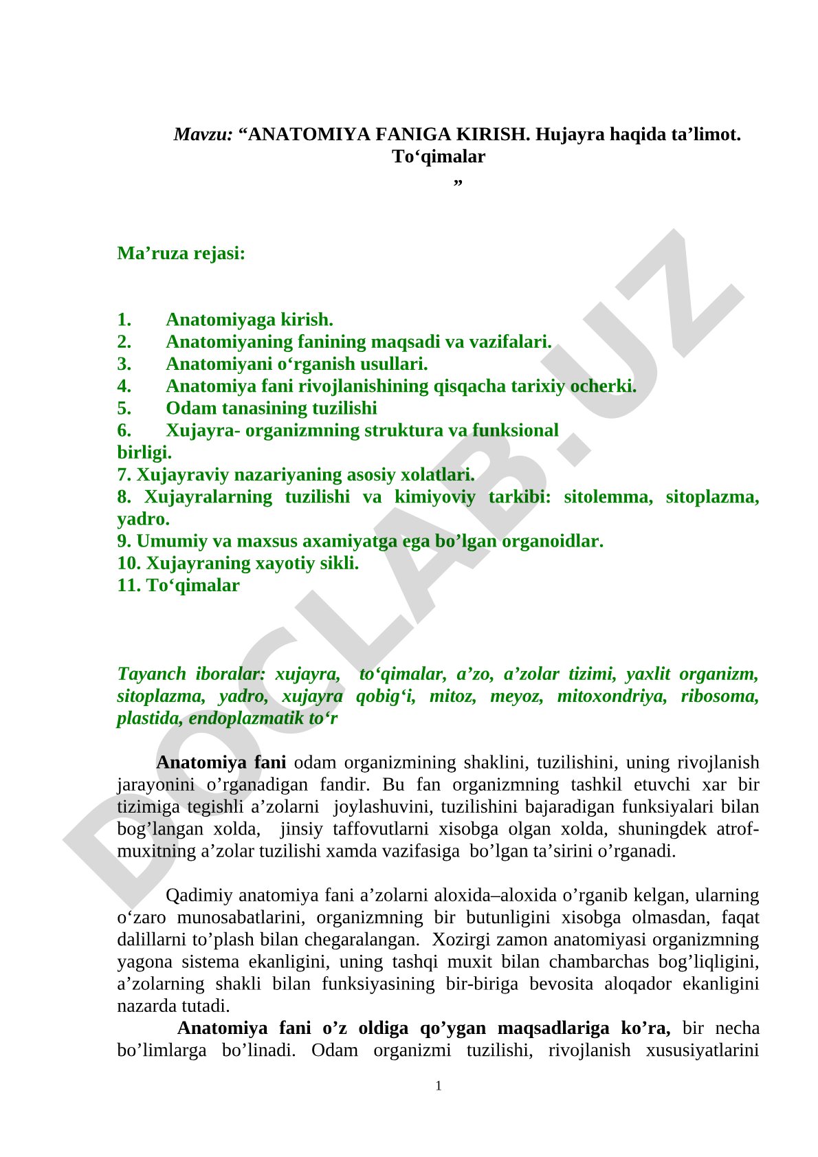 ANATOMIYA FANIGA KIRISH. HUJAYRA HAQIDA TA’LIMOT. TO‘QIMALAR