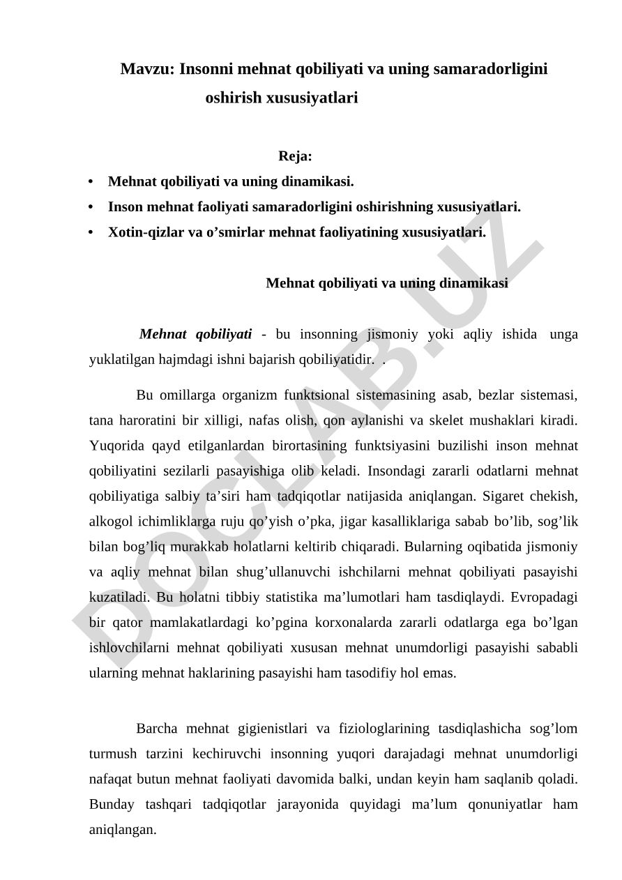 Insonni mehnat qobiliyati va uning samaradorligini oshirish xususiyatlari