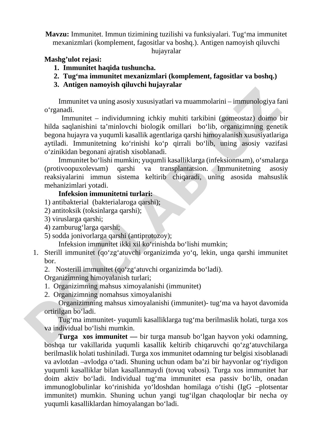 Immunitet. Immun tizimining tuzilishi va funksiyalari. Tug‘ma immunitet mexanizmlari (komplement, fagositlar va boshq.). Antigen namoyish qiluvchi hujayralar