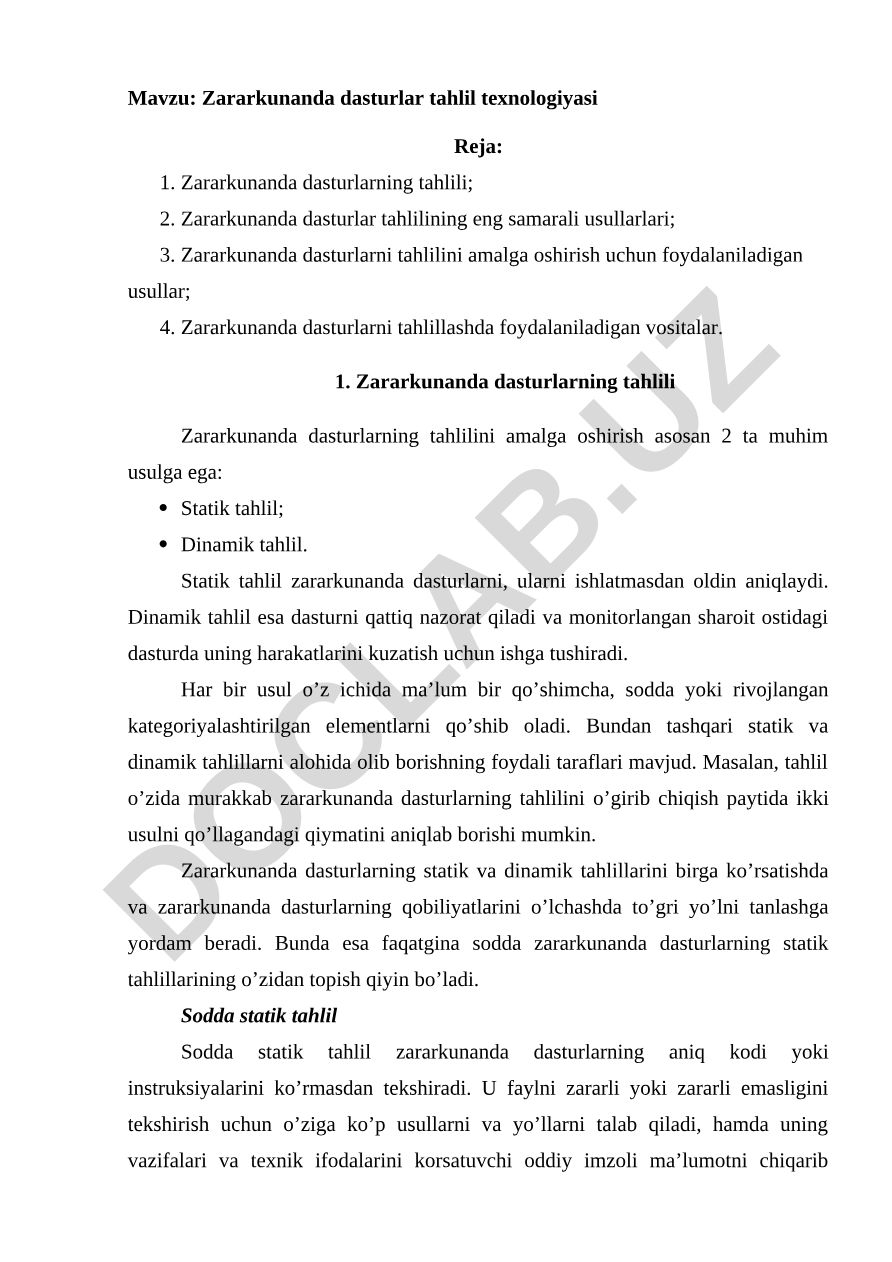 Zararkunanda dasturlar tahlil texnologiyasi