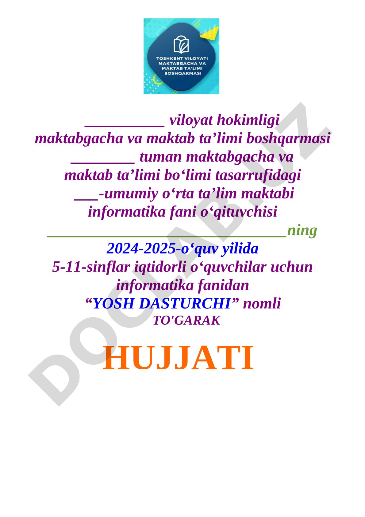Informatika to'garak ish rejasi