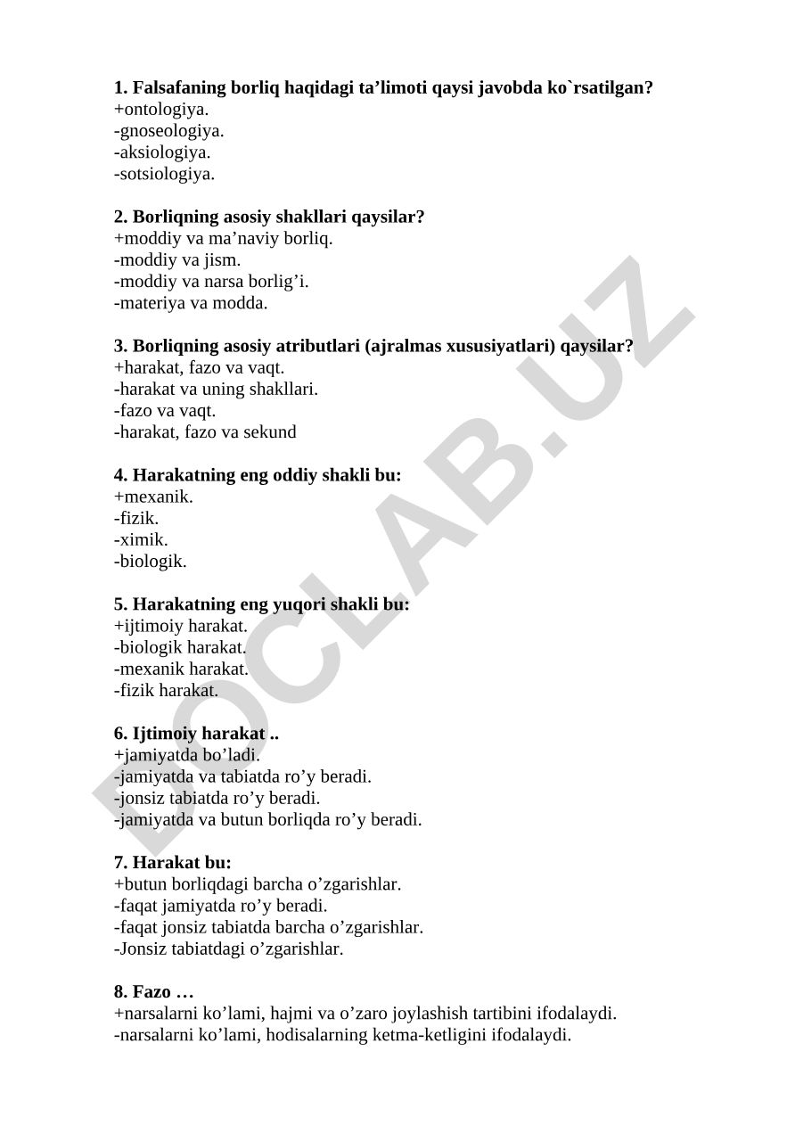 Falsafada borliq, harakat, fazo va vaqt haqida test savollari