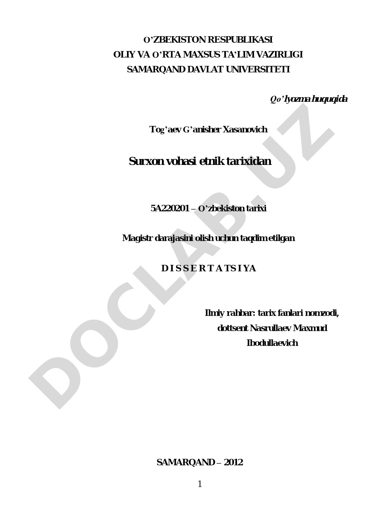 Surxon vohasi etnik tarixidan dissertatsiya