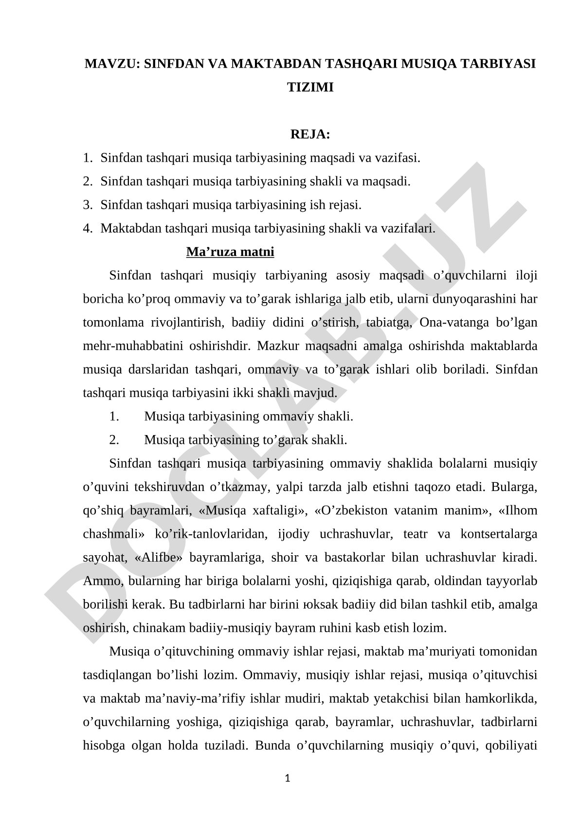 Sinfdan va maktabdan tashqari musiqa tarbiyasi tizimi