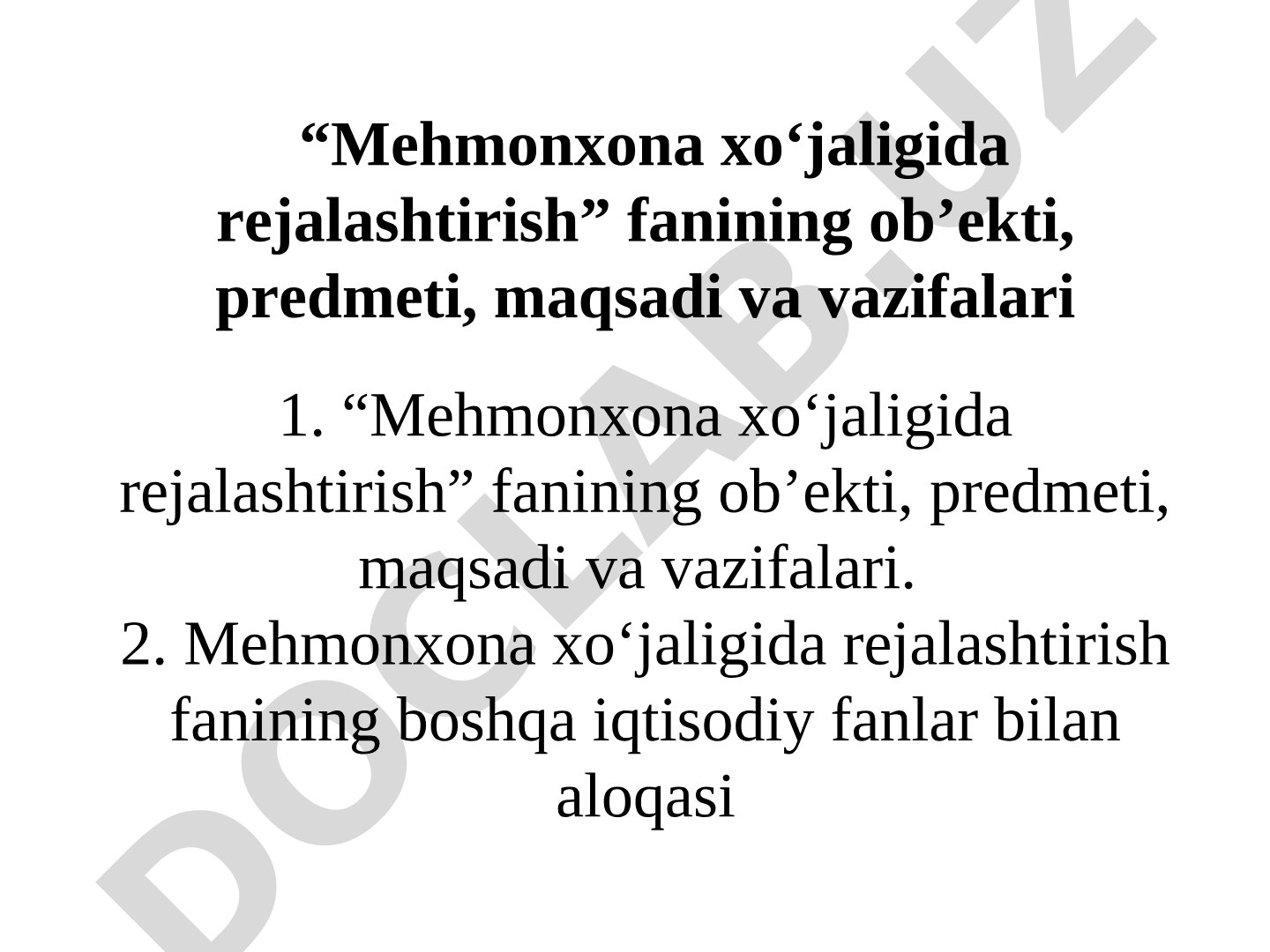 Mehmonxona xo'jaligida rejalashtirish taqdimoti