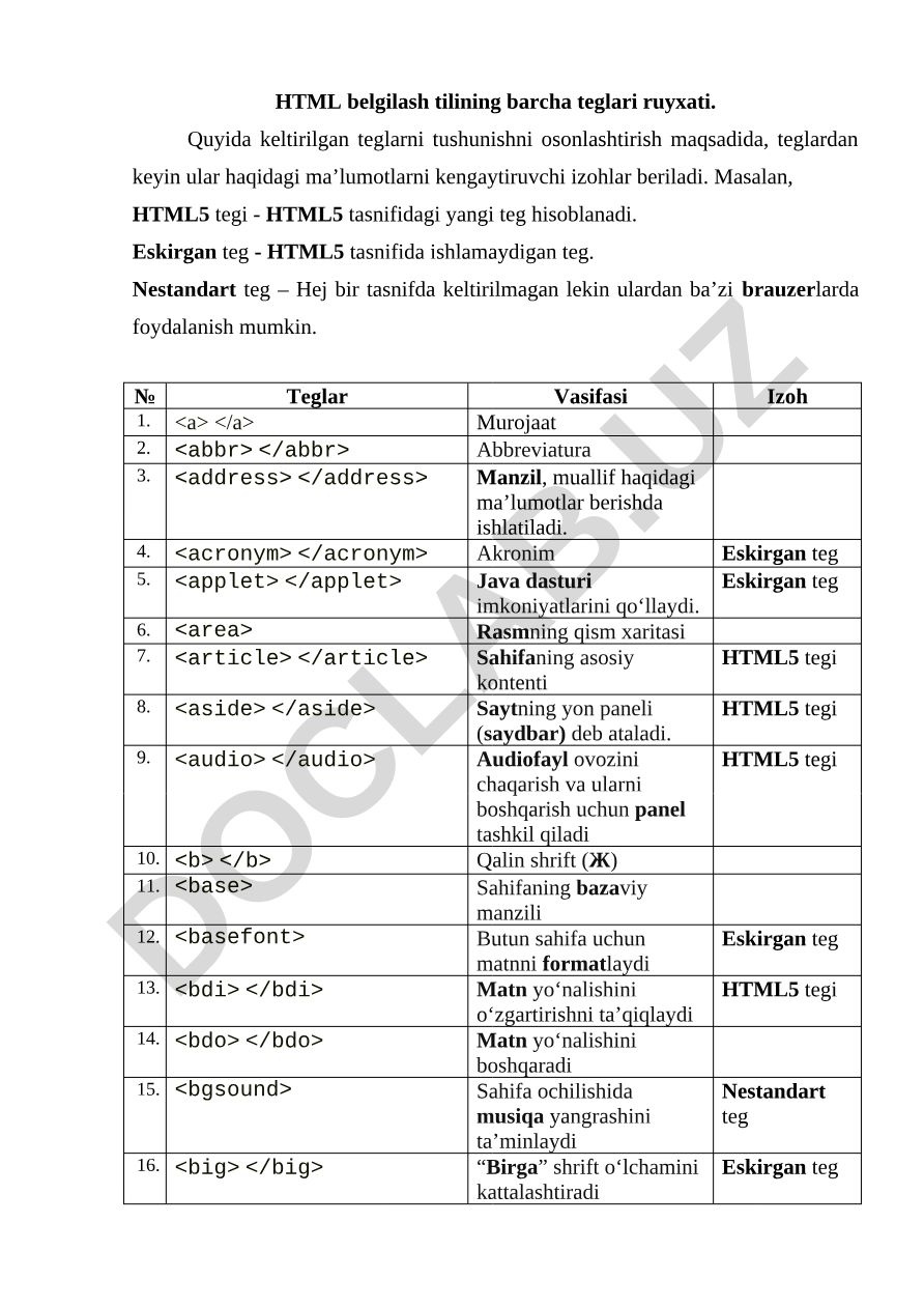 HTML teglari va ularning vazifalari