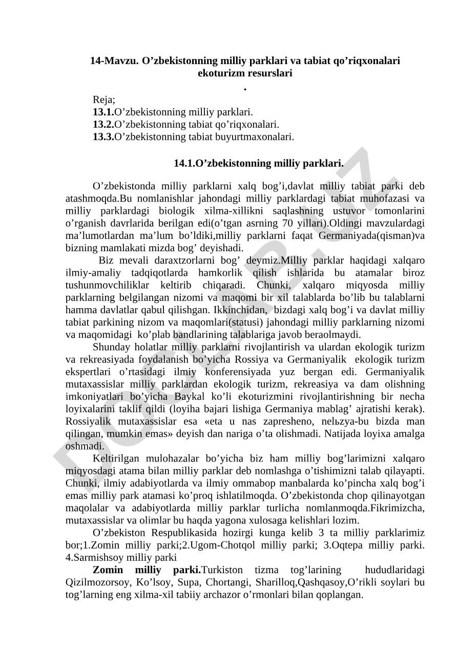 O'zbekistonning milliy parklari va tabiat qo'riqxonalari ekoturizm resurslari
