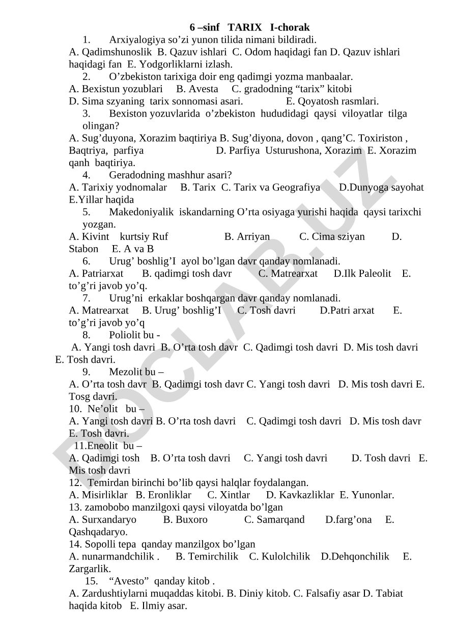 6-sinf tarix fanidan test savollari