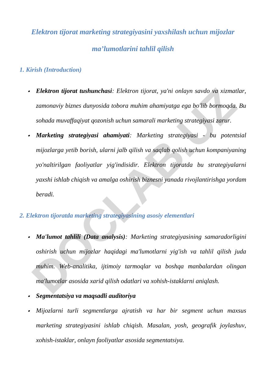 Elektron tijorat marketing strategiyasini yaxshilash uchun mijozlar ma’lumotlarini tahlil qilish
