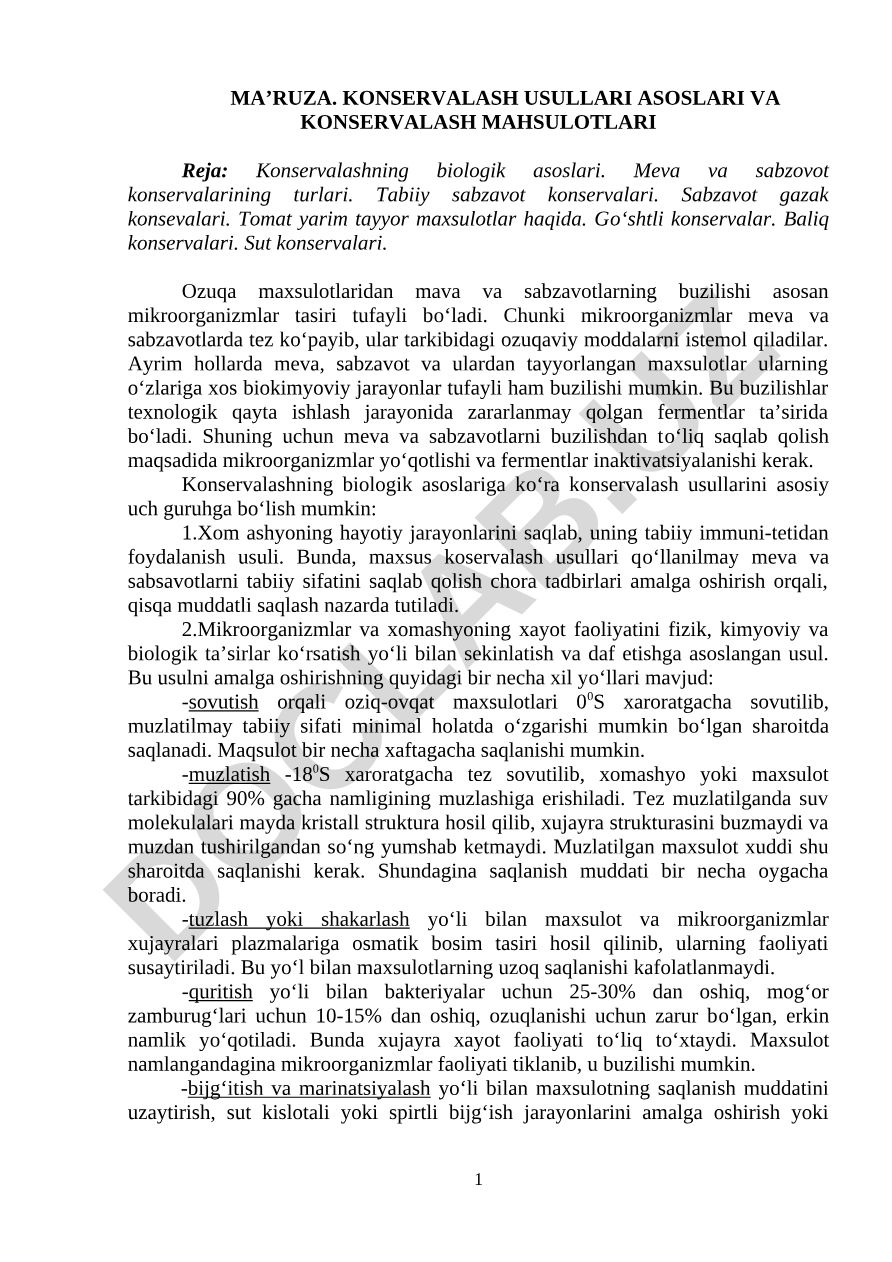 Konservalash usullari asoslari va konservalash mahsulotlari