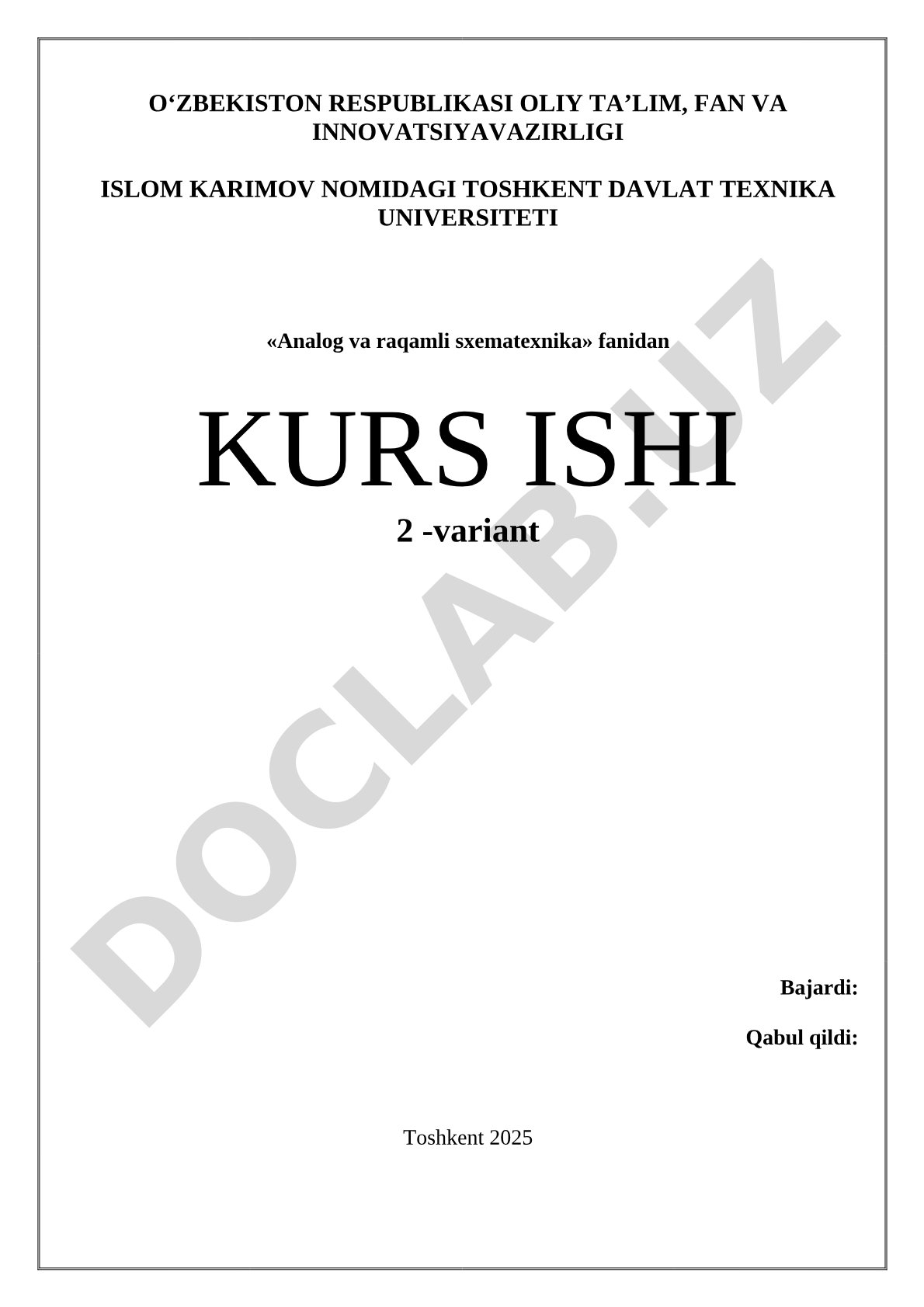Analog va raqamli sxematexnika kurs ishi