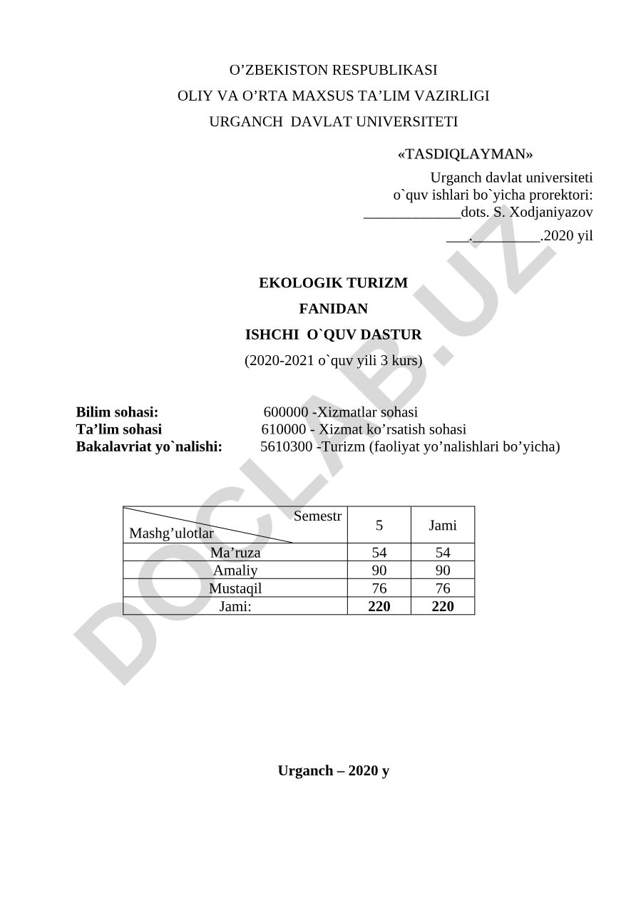 Ekologik turizm fanidan ishchi o'quv dasturi (2020-2021 o'quv yili 3 kurs)