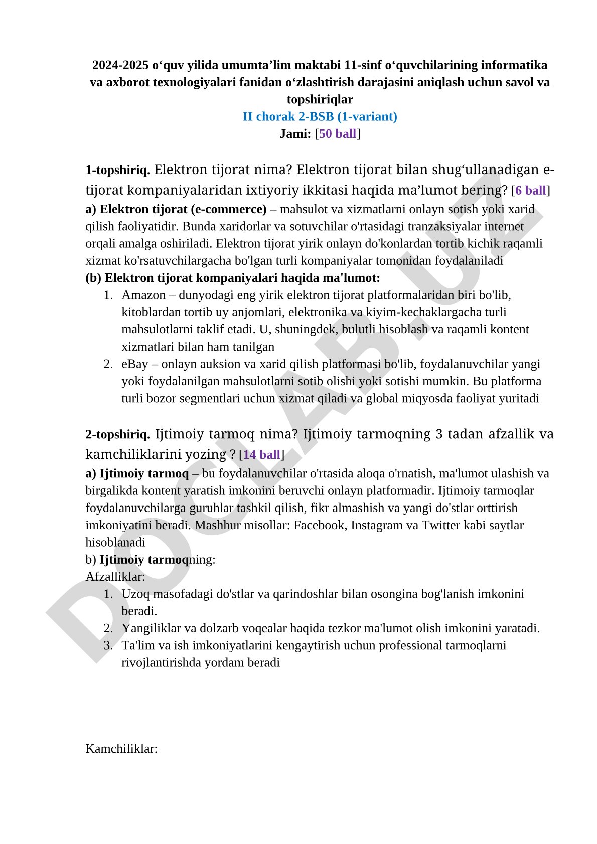Informatika fanidan test topshiriqlari