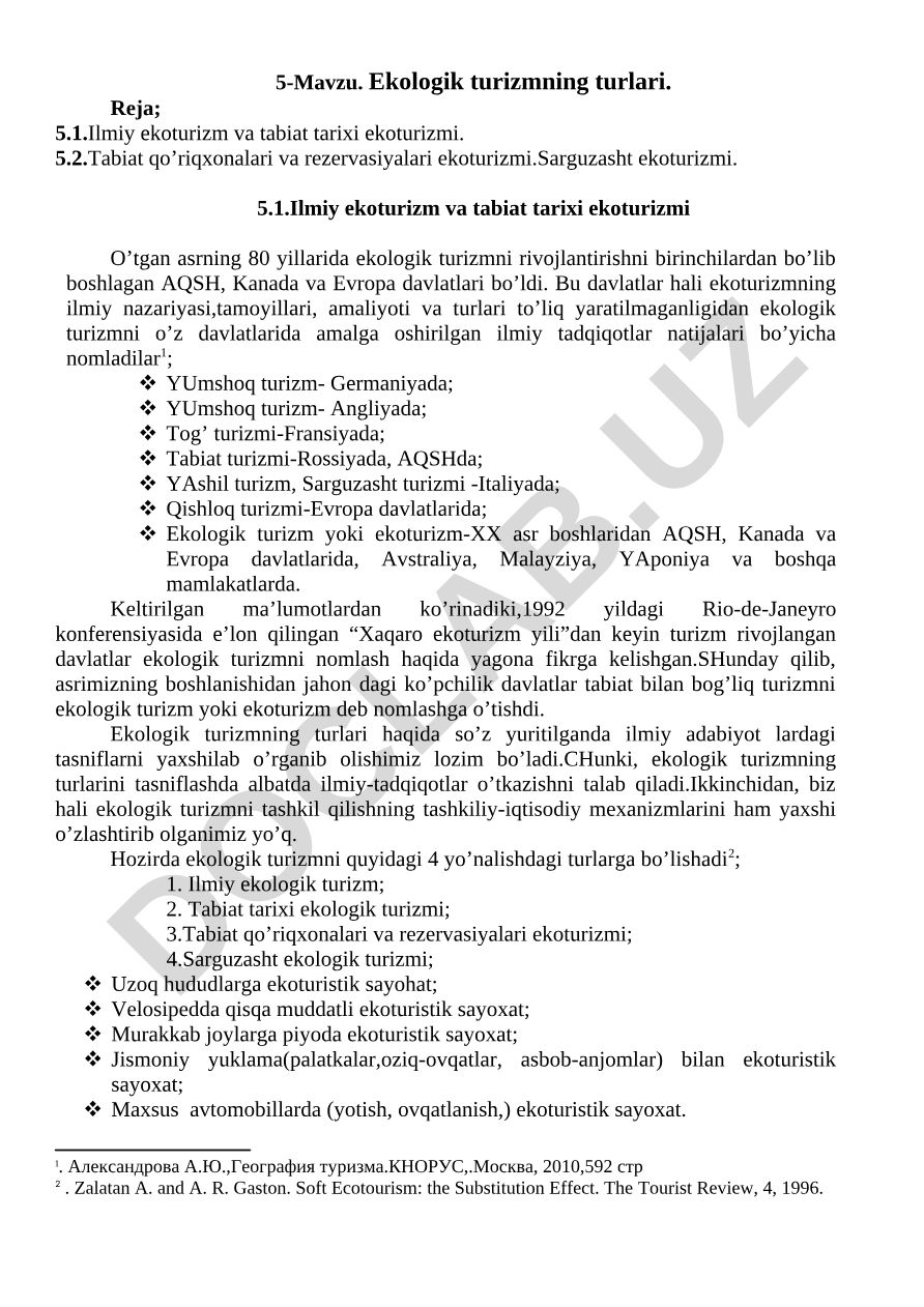 Ekologik turizmning turlari va rivojlanishi