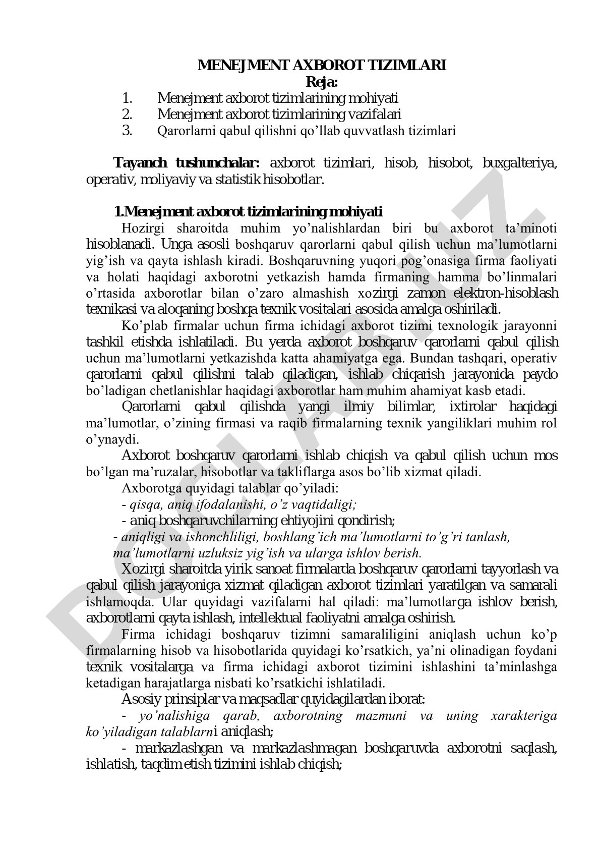 Menejment axborot tizimlari rejasi