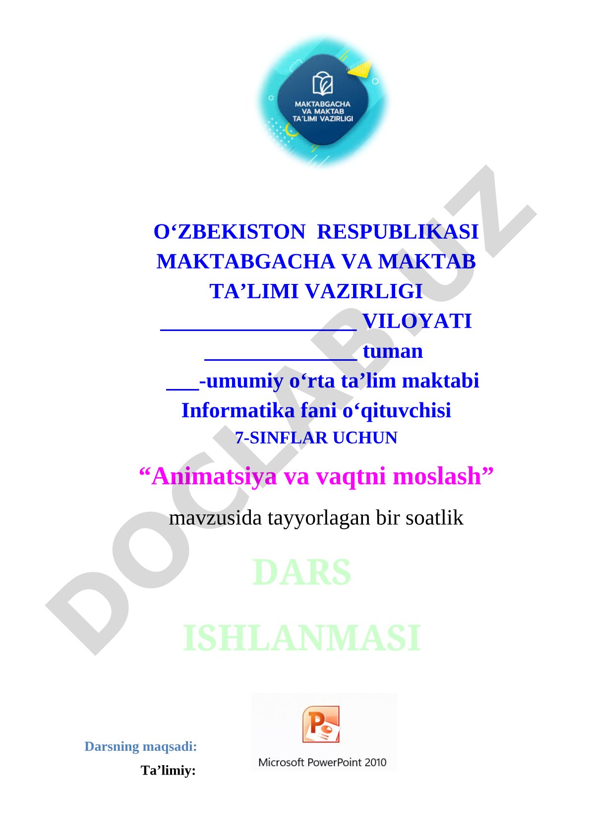 Informatika dars ishlanmasi animatsiya
