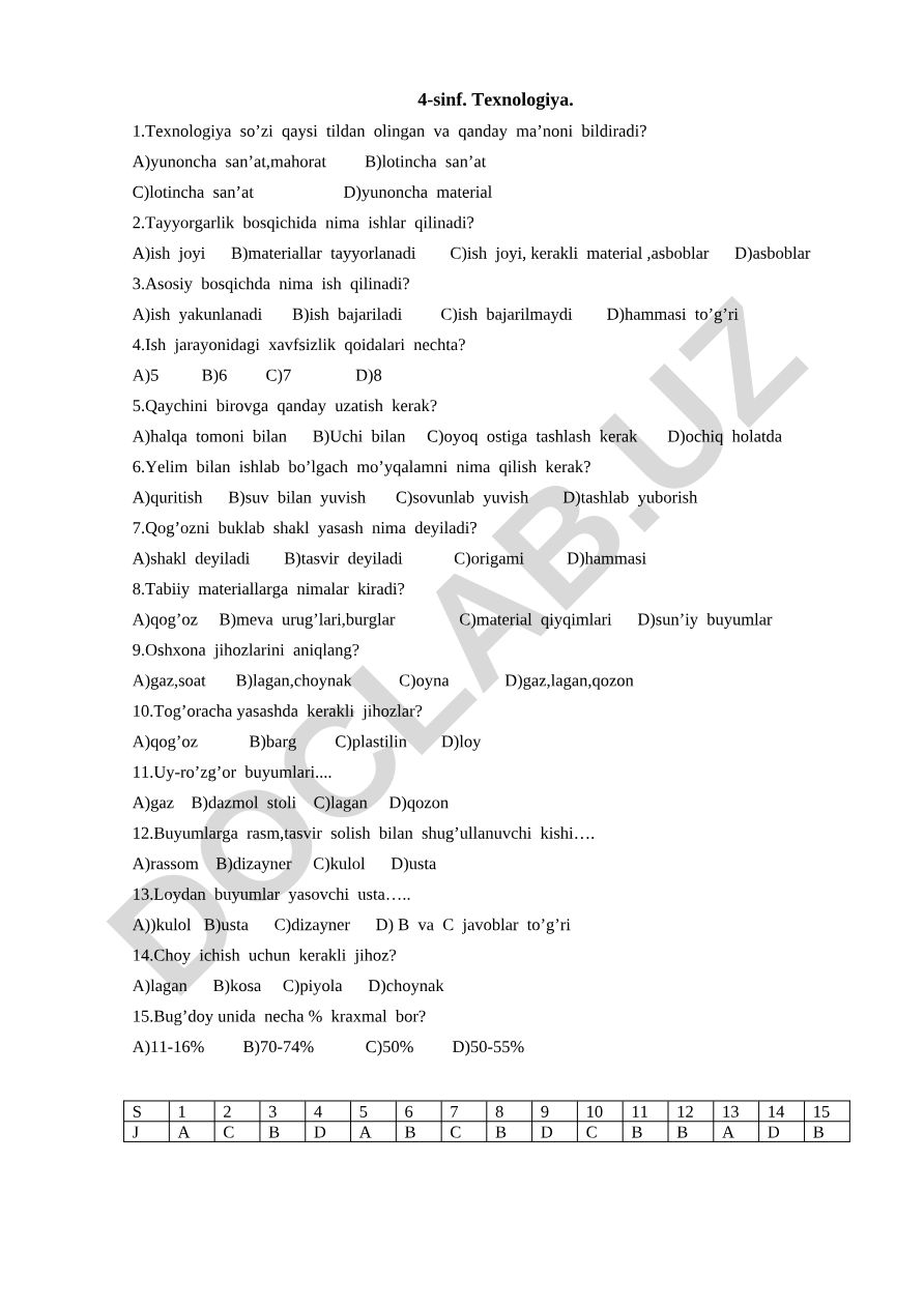 4-sinf texnologiya fanidan test savollari