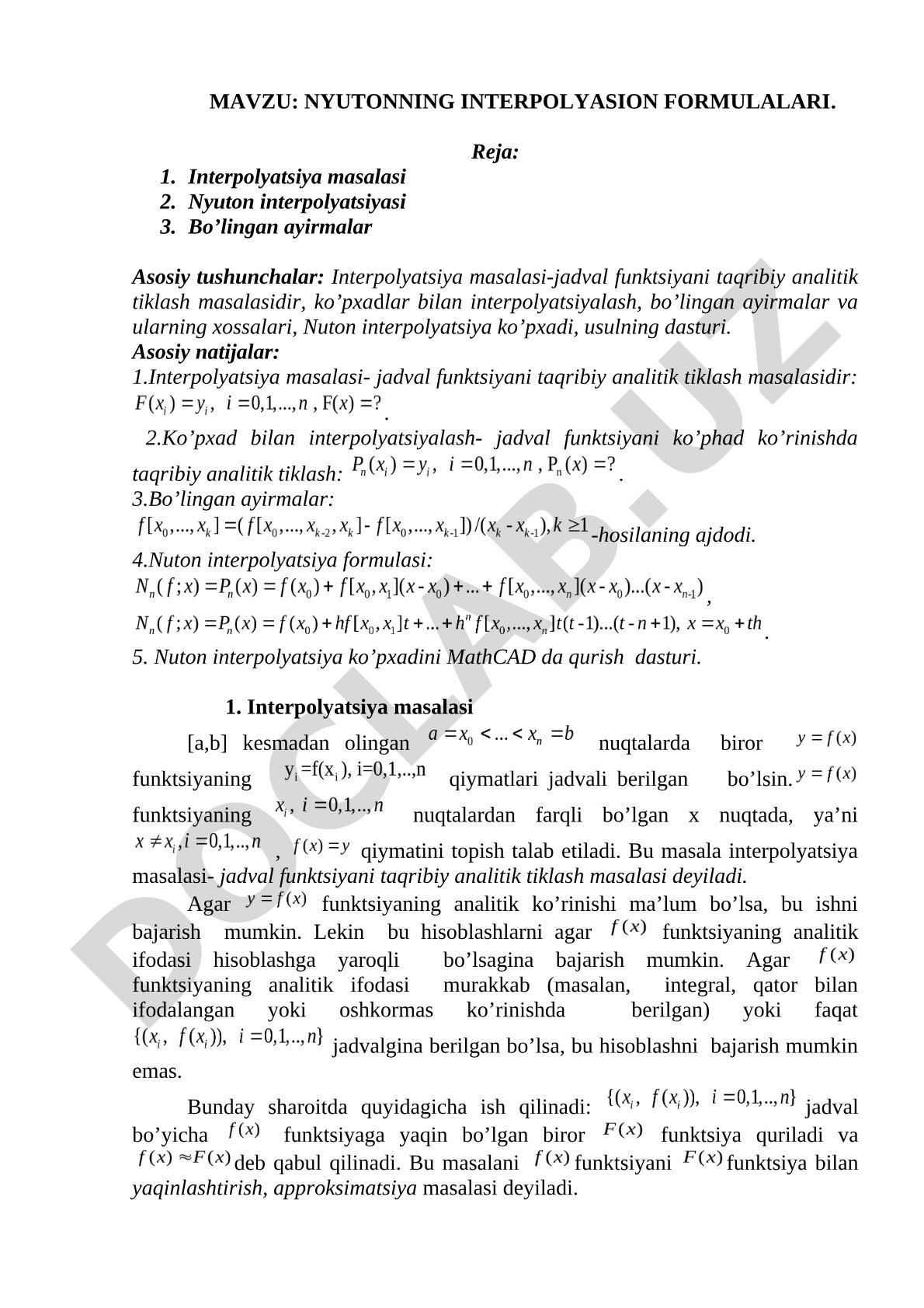 Nyuton interpolyatsiya formulalari kurs ishi