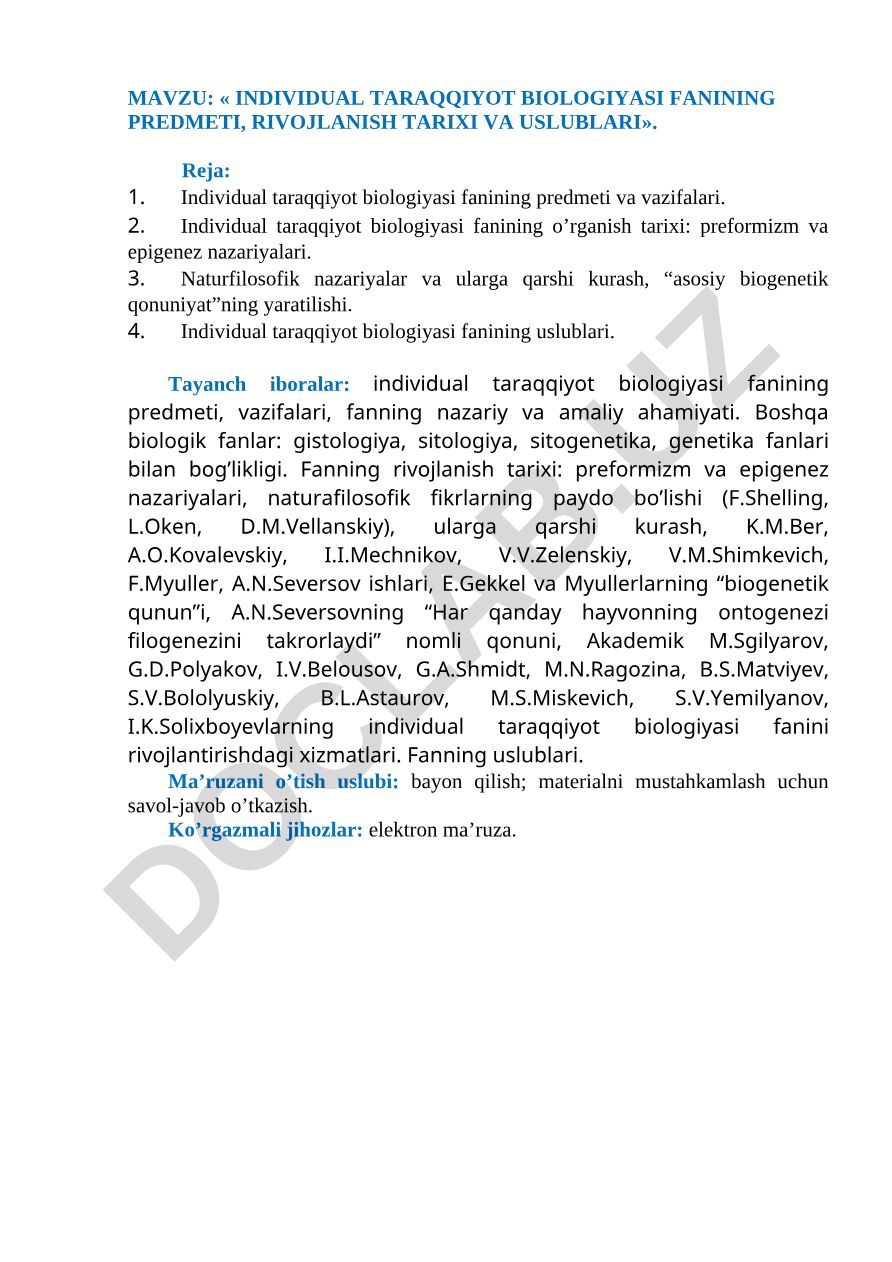Individual taraqqiyot biologiyasi fanining predmeti, rivojlanish tarixi va uslublari
