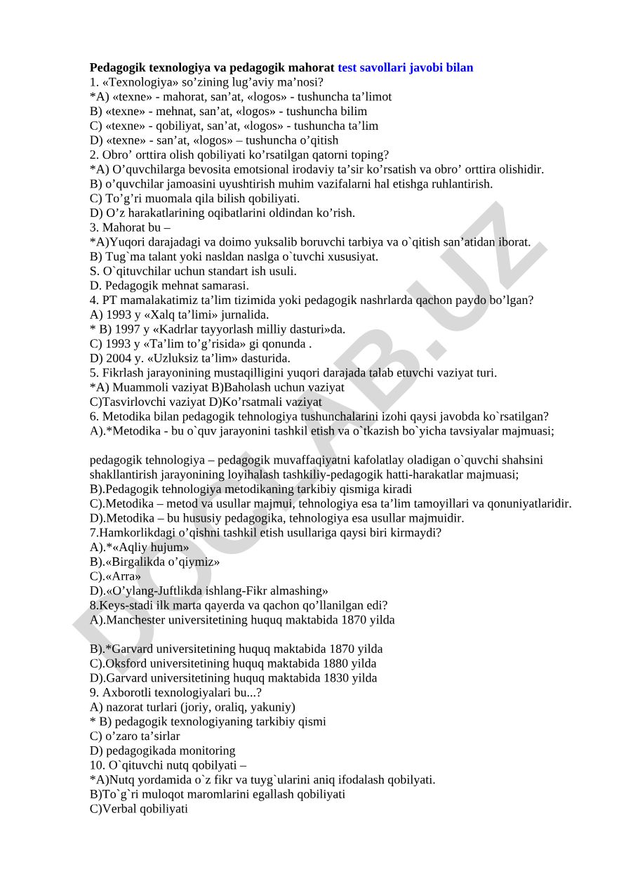Pedagogik texnologiya va pedagogik mahorat test savollari javobi bilan