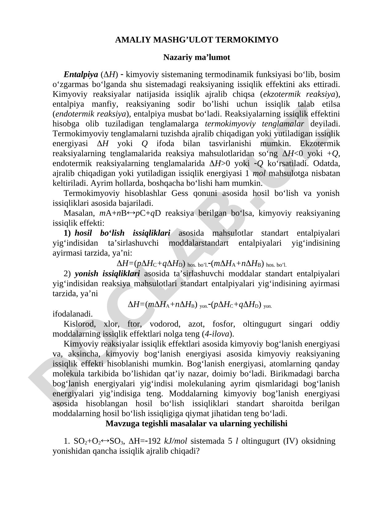 Termokimyo amaliy mashg'uloti