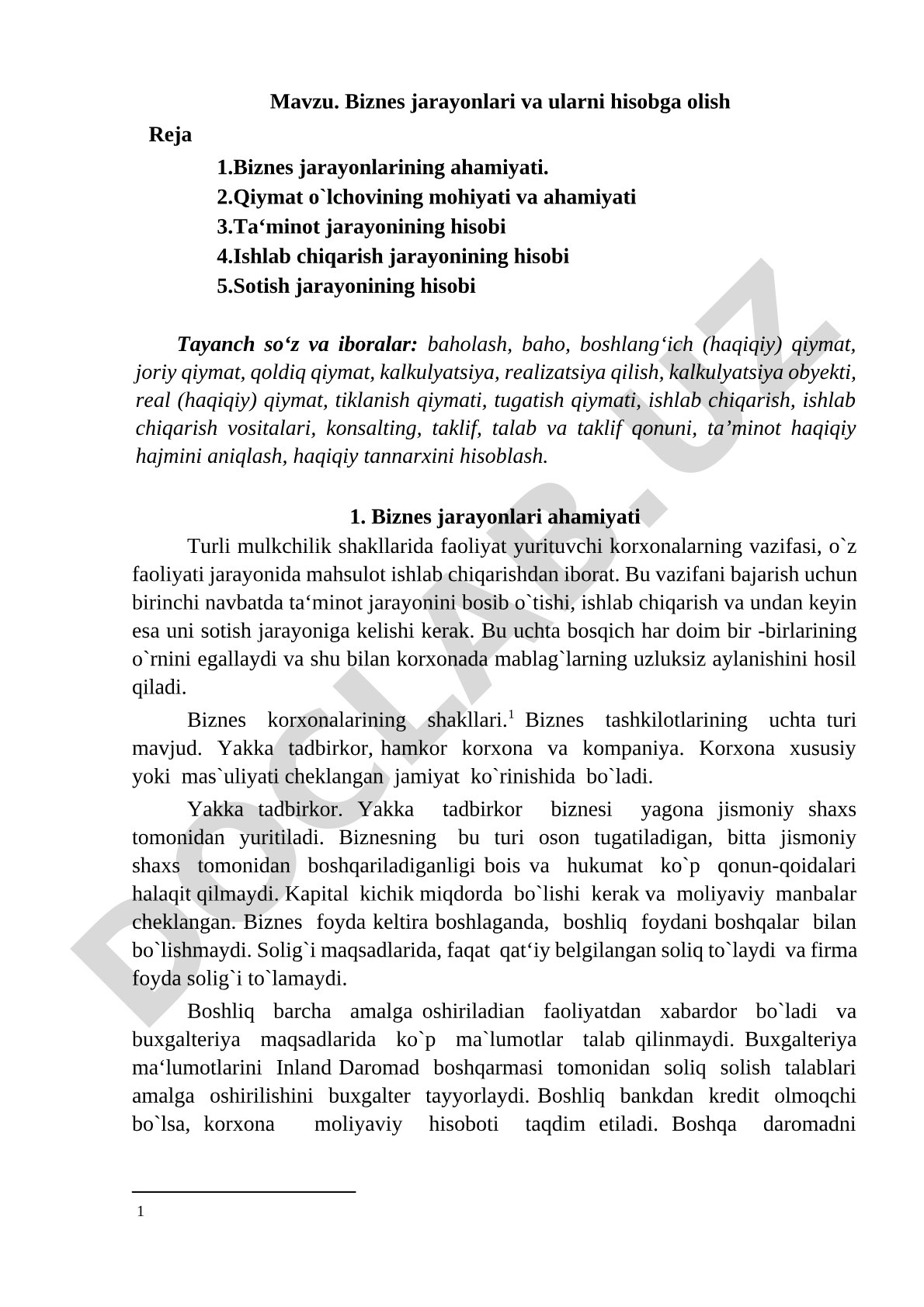 Biznes jarayonlari va ularni hisobga olish