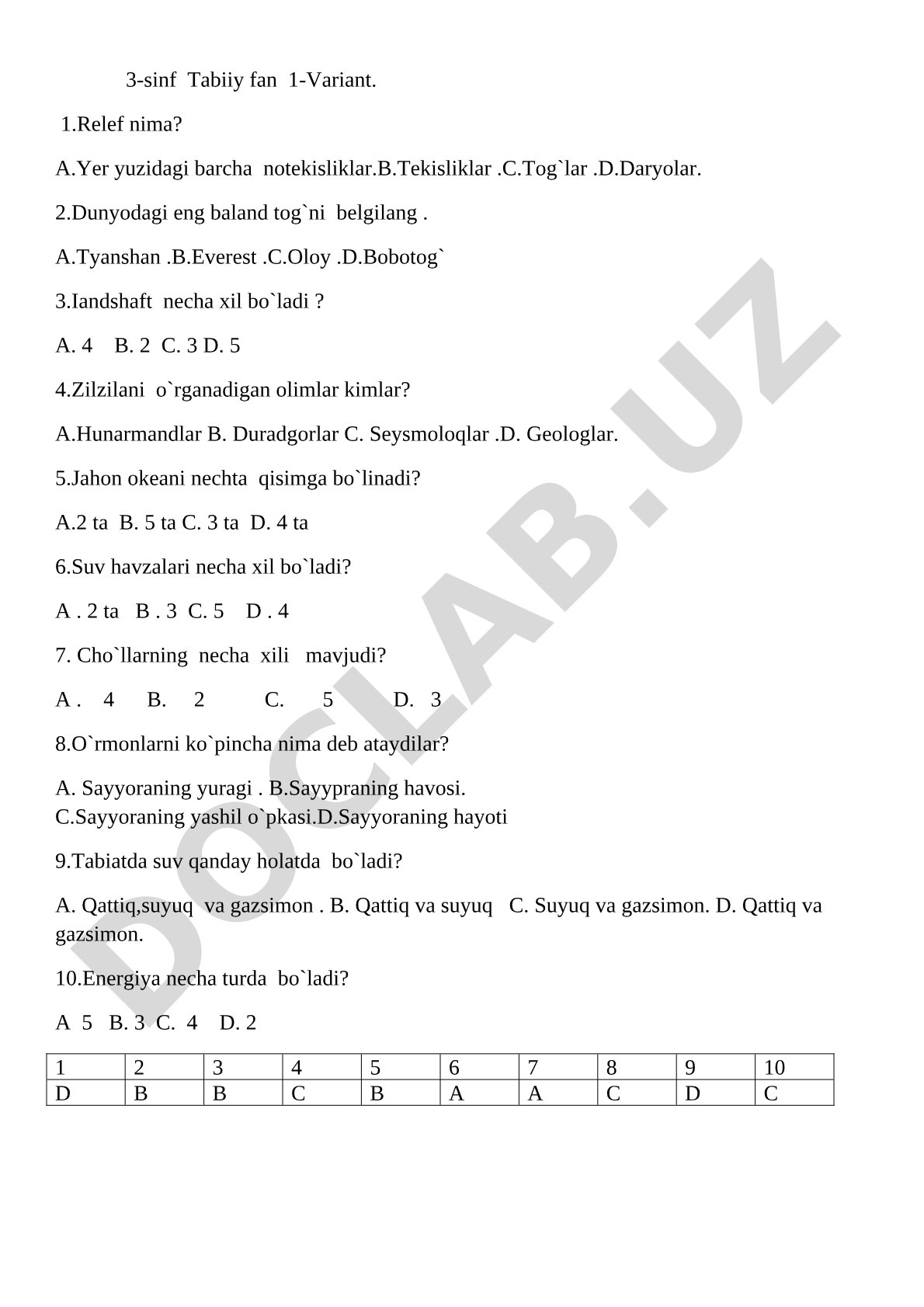 Tabiiy fan test variantlari