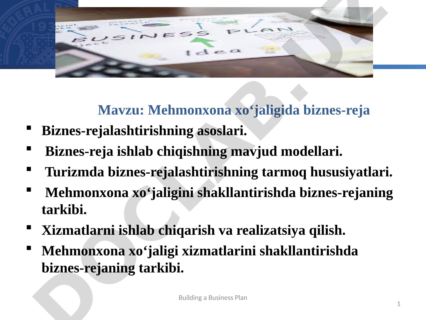 Mehmonxona biznes-rejasi taqdimoti