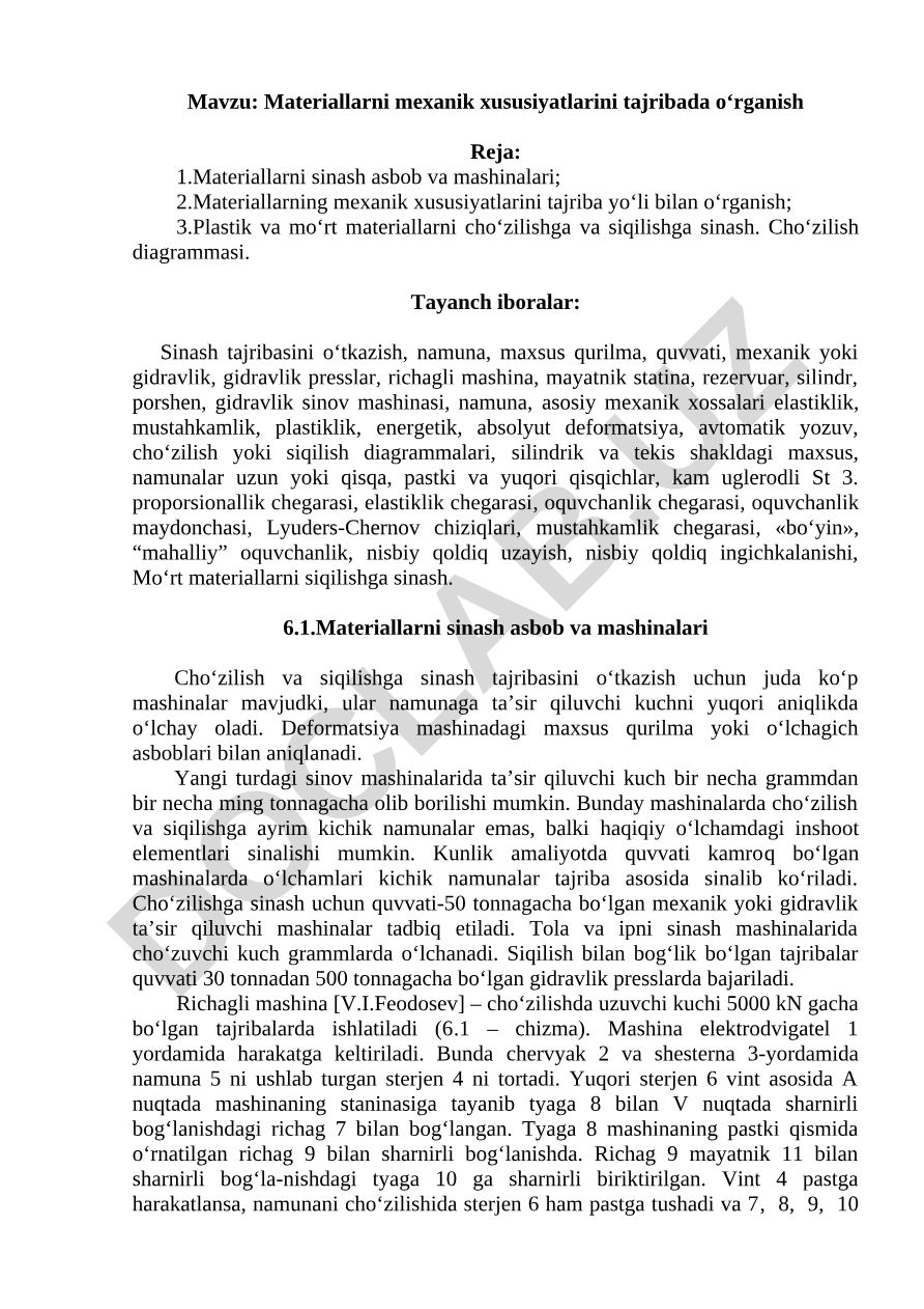 Materiallarni mexanik xususiyatlarini tajribada o‘rganish