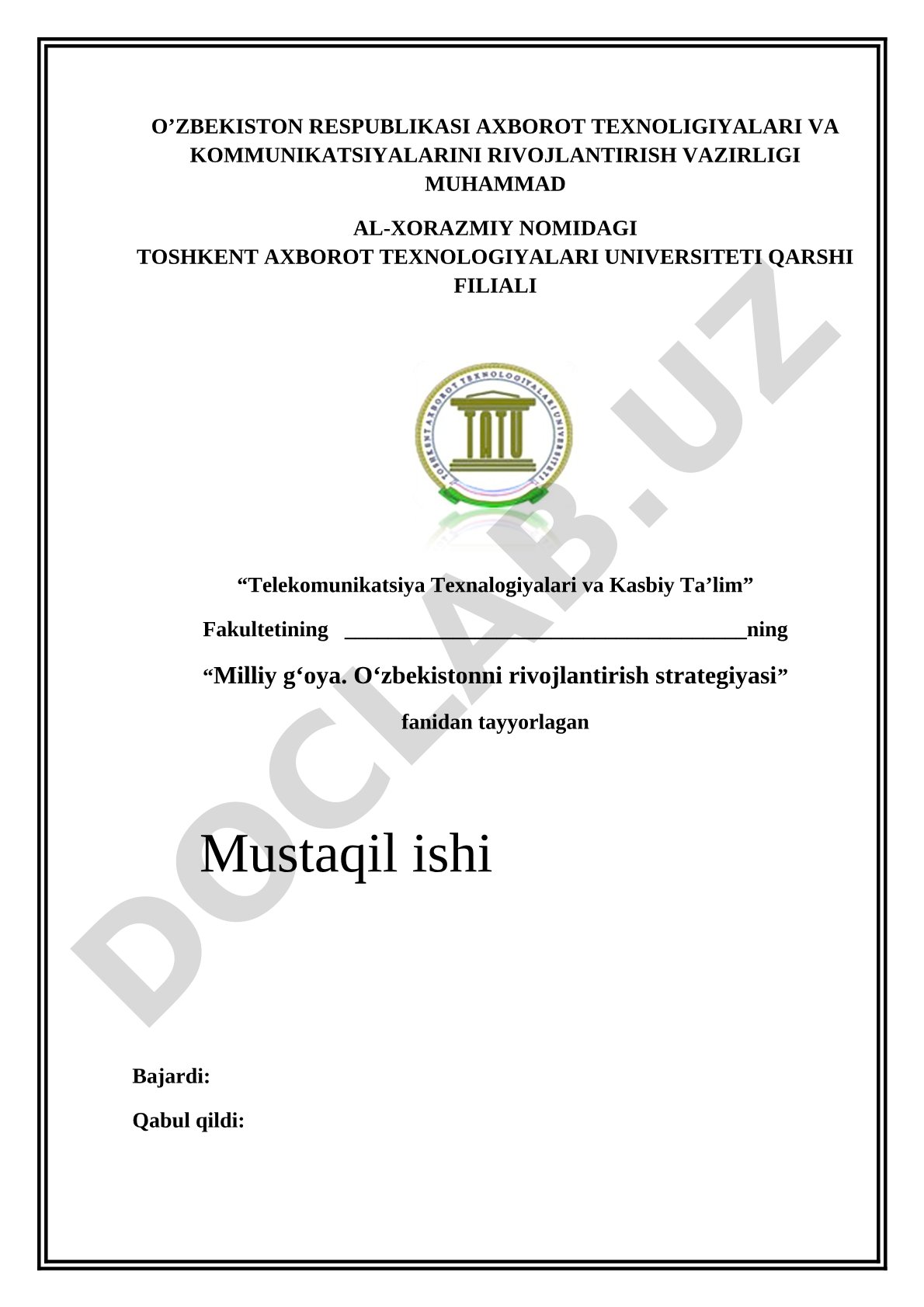 Milliy g'oya fanidan kurs ishi