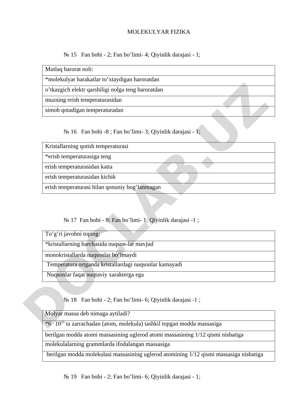 Molekulyar fizika test savollari