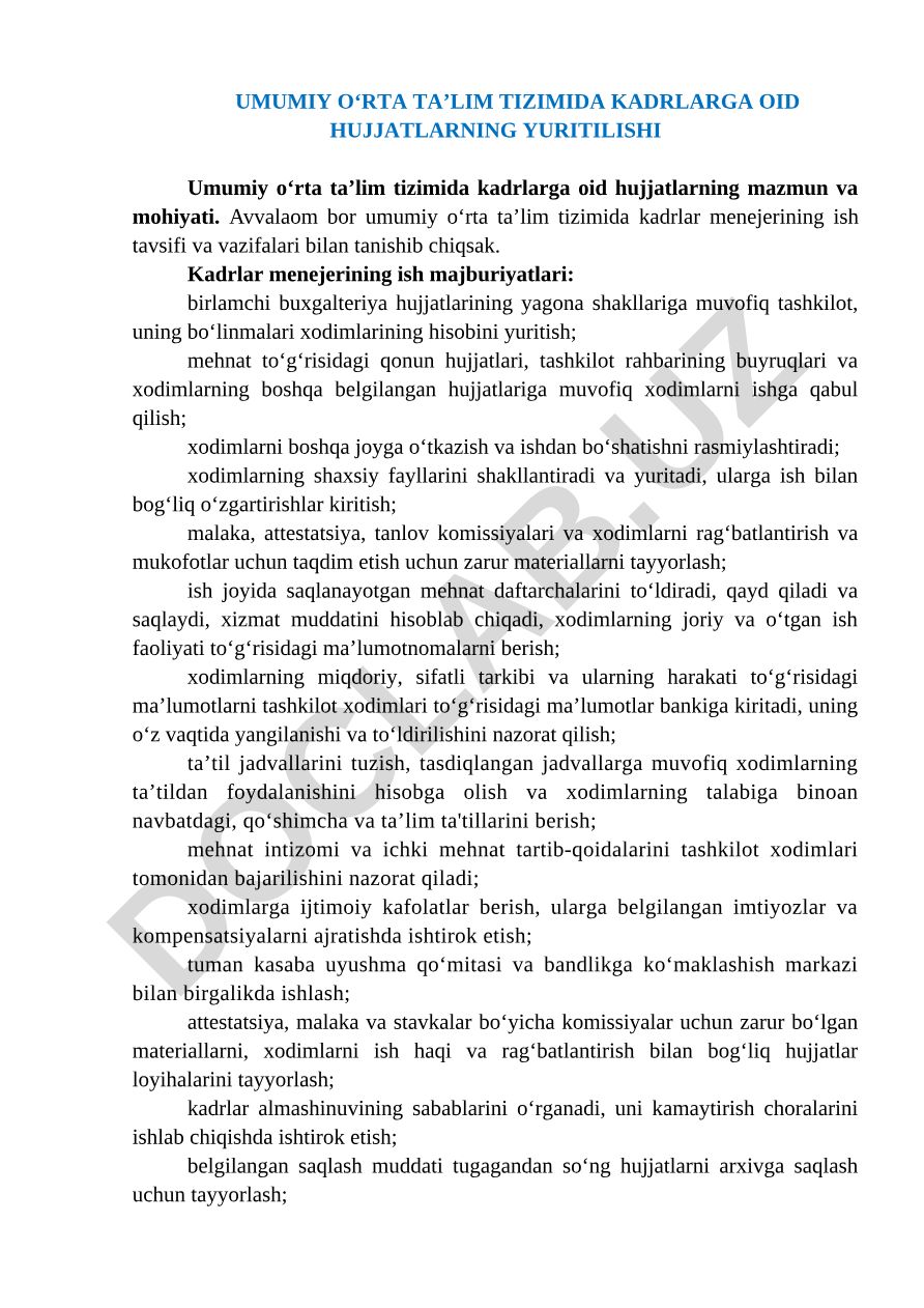 Umumiy o‘rta ta’lim tizimida kadrlarga oid hujjatlarning yuritilishi