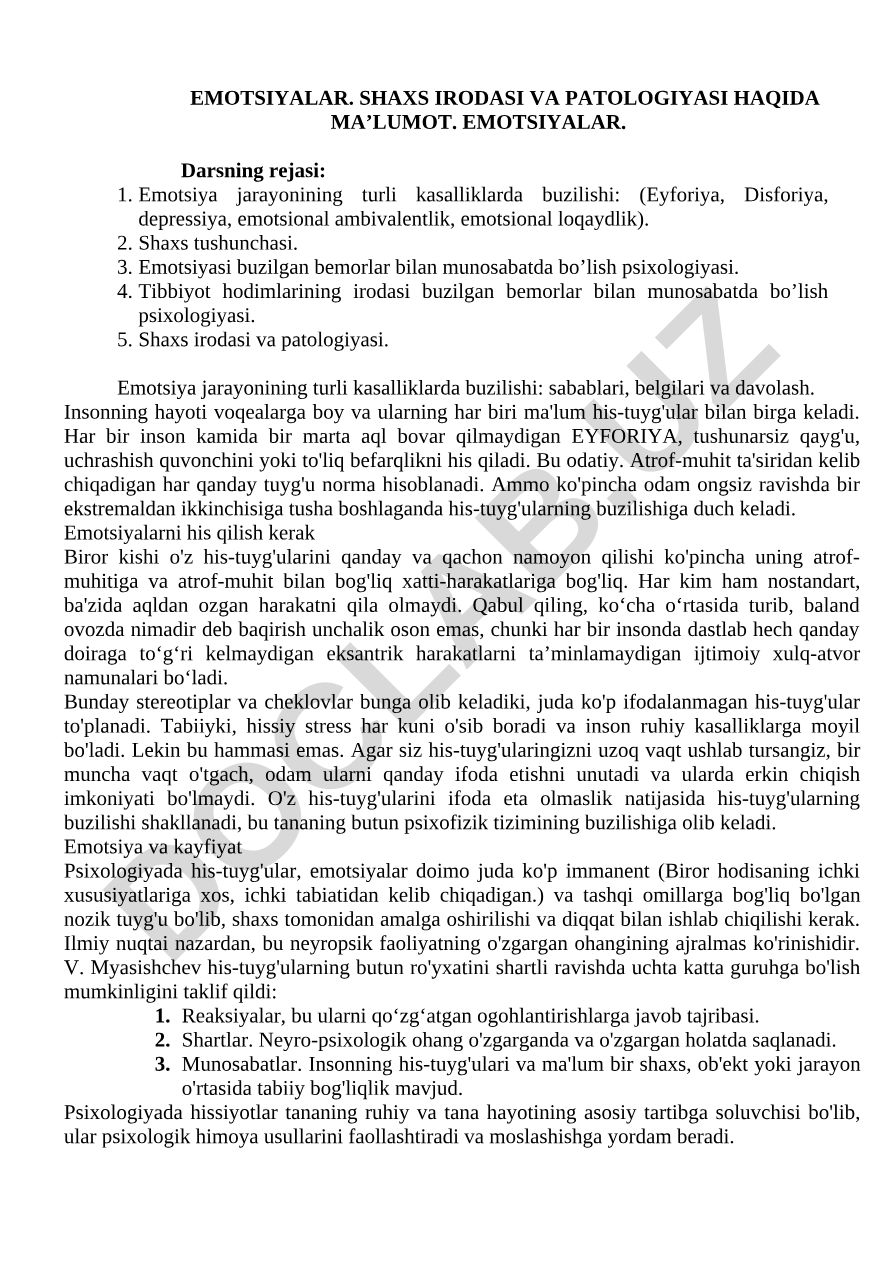 Emotsiyalar, shaxs irodasi va patologiyasi haqida ma'lumot