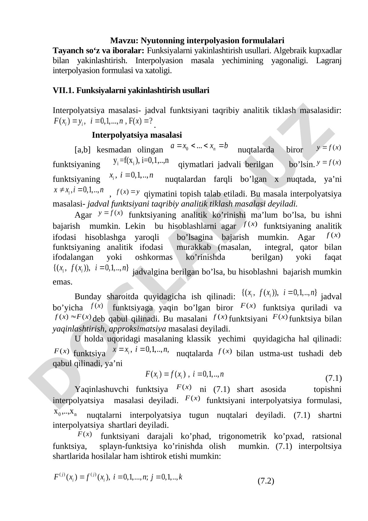 Interpolyatsiya formulalari kurs ishi