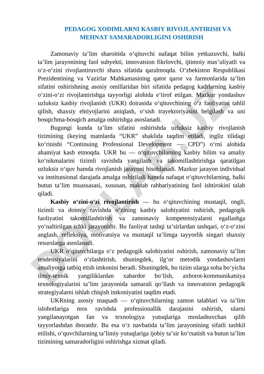 Pedagog xodimlarni kasbiy rivojlantirish va mehnat samaradorligini oshirish