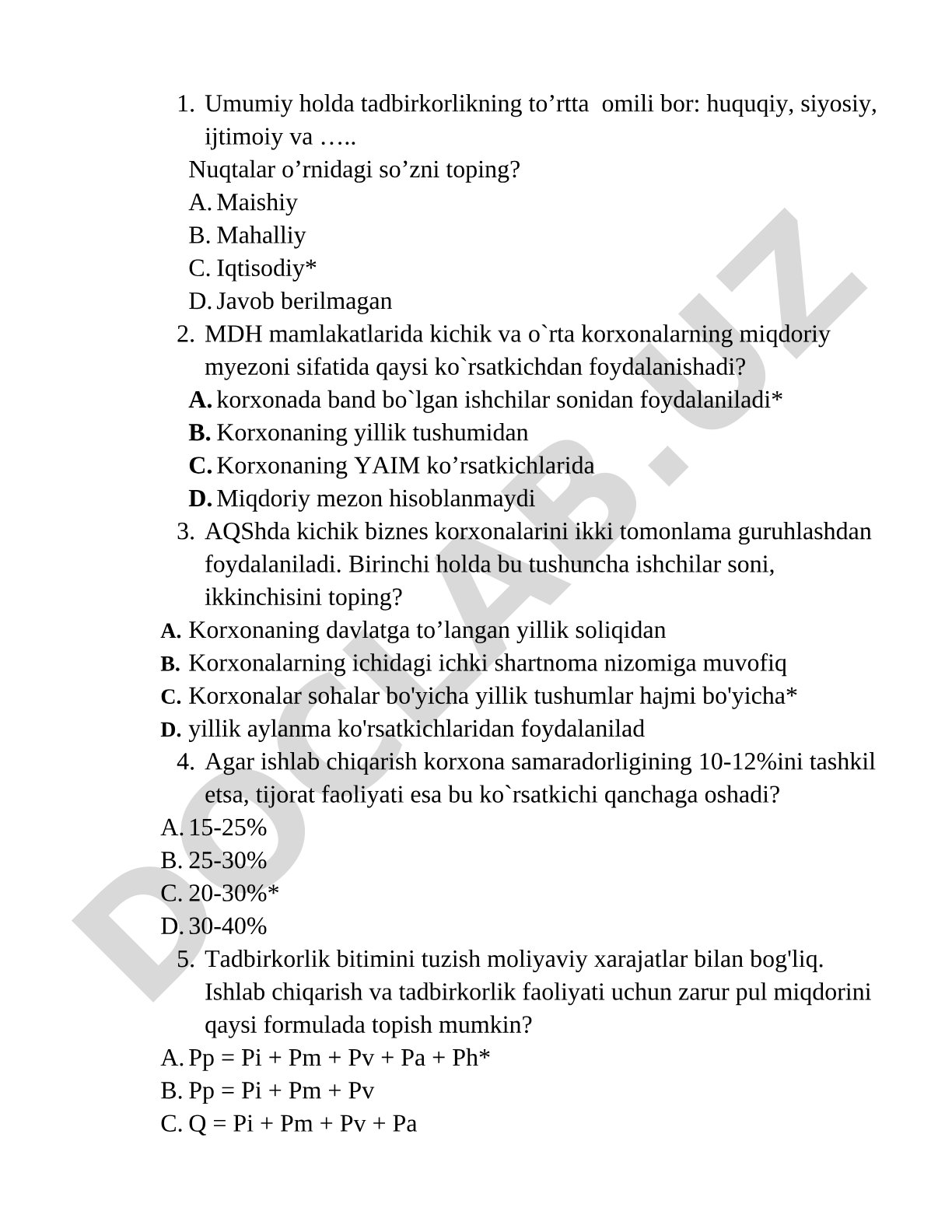 Tadbirkorlik test savollari