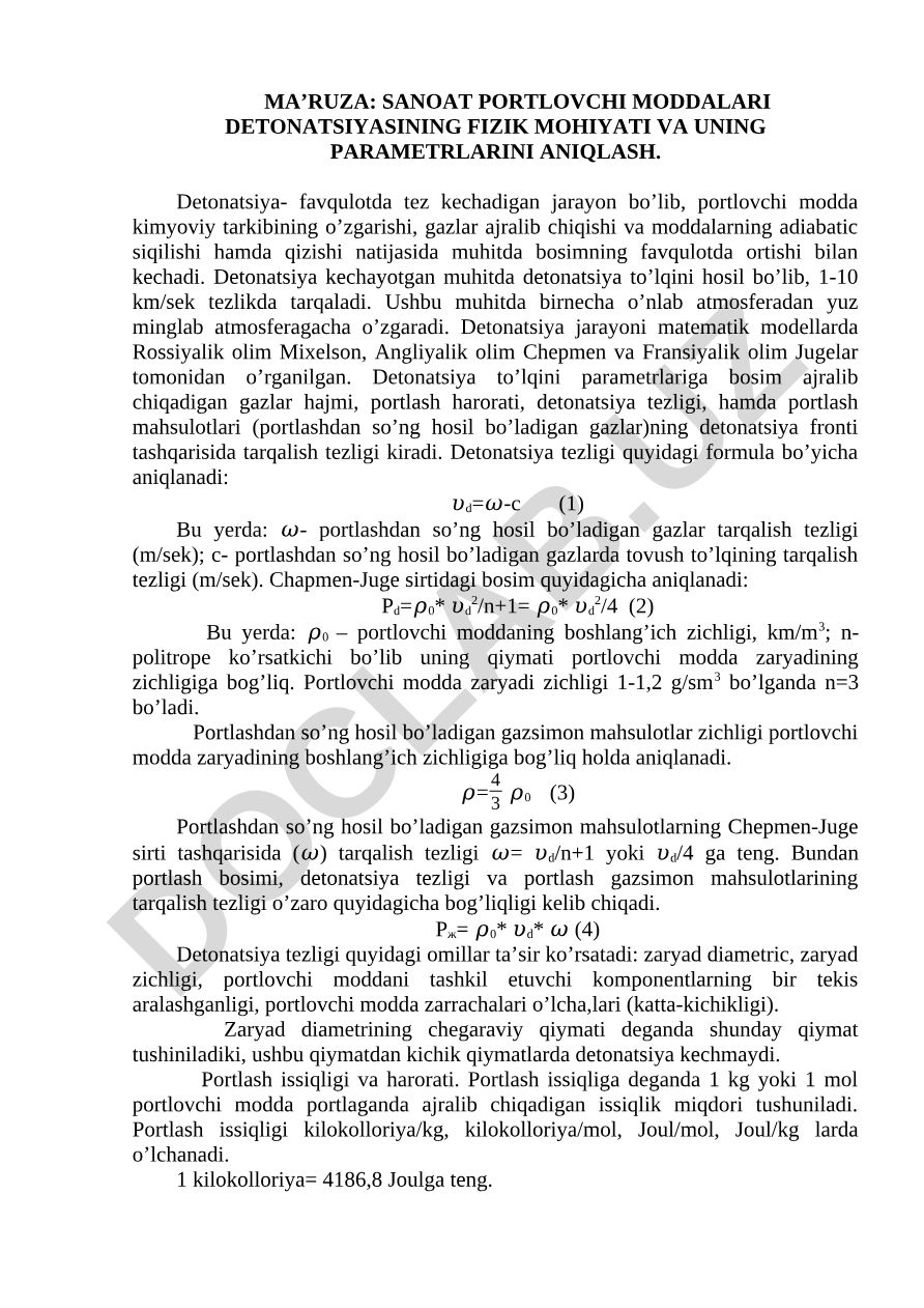Sanoat portlovchi moddalari detonatsiyasining fizik mohiyati va uning parametrlarini aniqlash