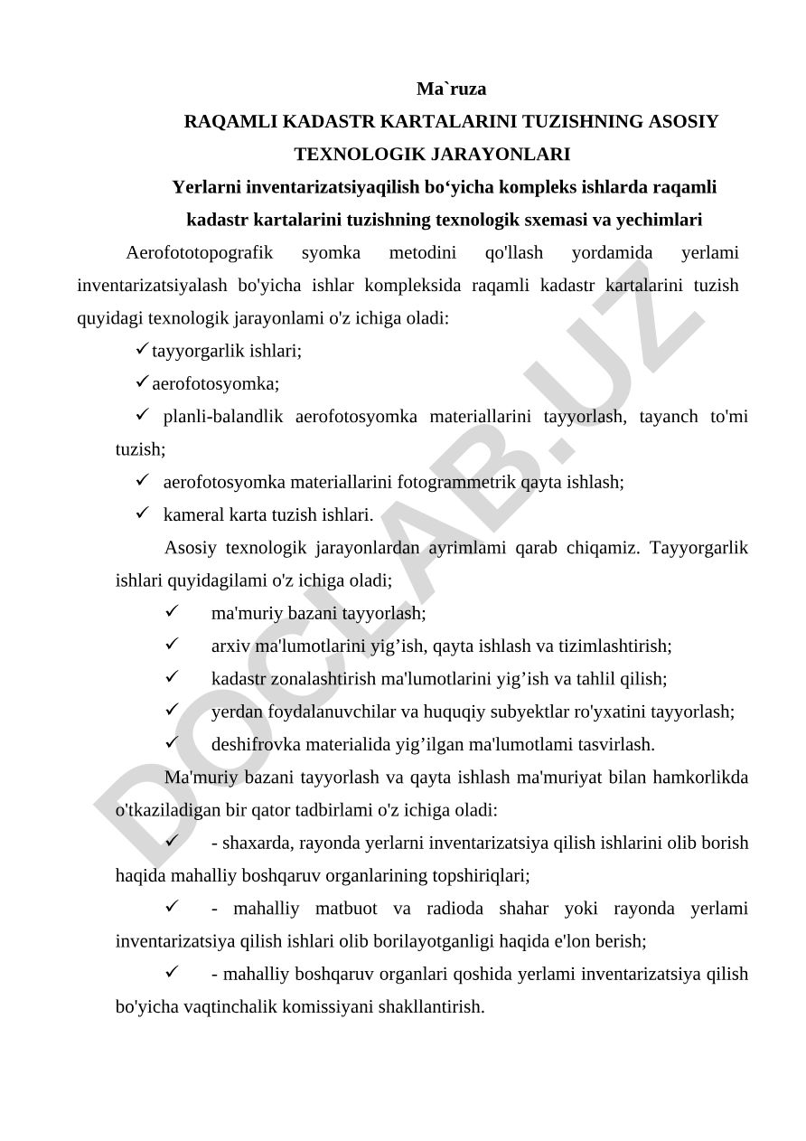 Raqamli kadastr kartalarini tuzishning asosiy texnologik jarayonlari