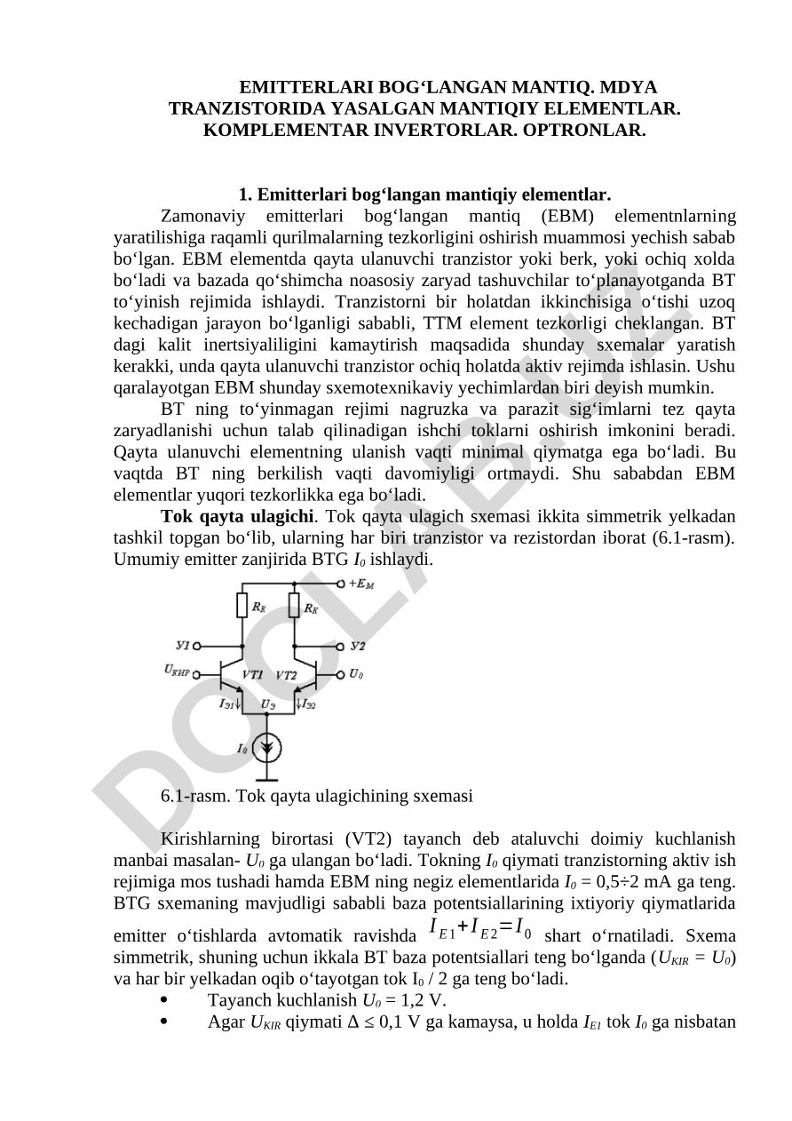 Emitterlari bog‘langan mantiqiy elementlar va MDYA tranzistorida yasalgan mantiqiy elementlar