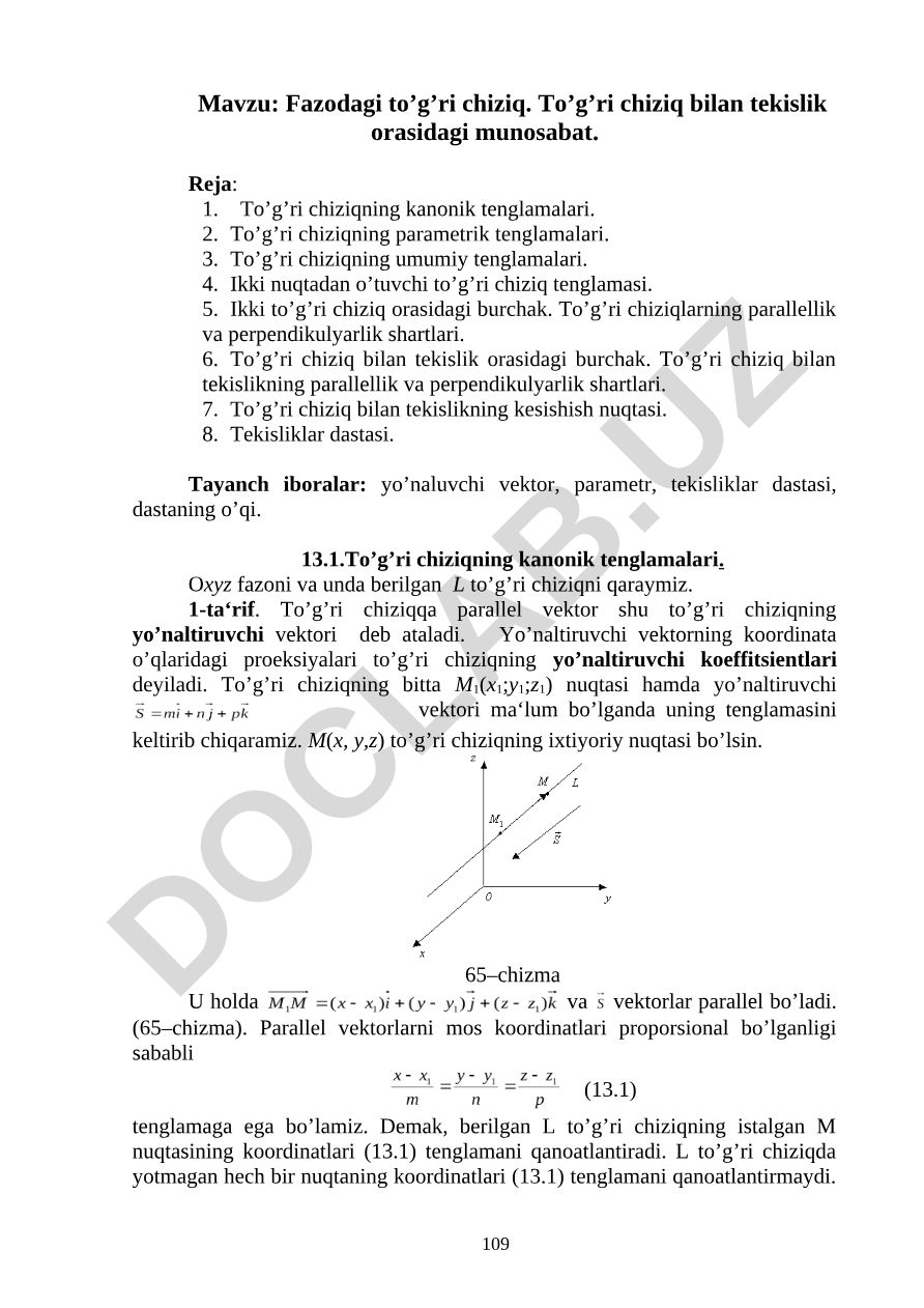 Fazodagi to’g’ri chiziq. To’g’ri chiziq bilan tekislik orasidagi munosabat