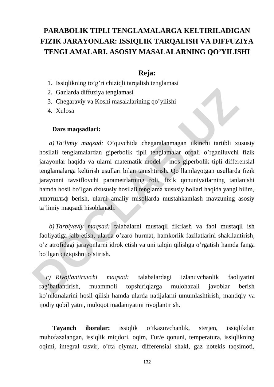 Parabolik tipli tenglamalarga keltiriladigan fizik jarayonlar: issiqlik tarqalish va diffuziya tenglamalari