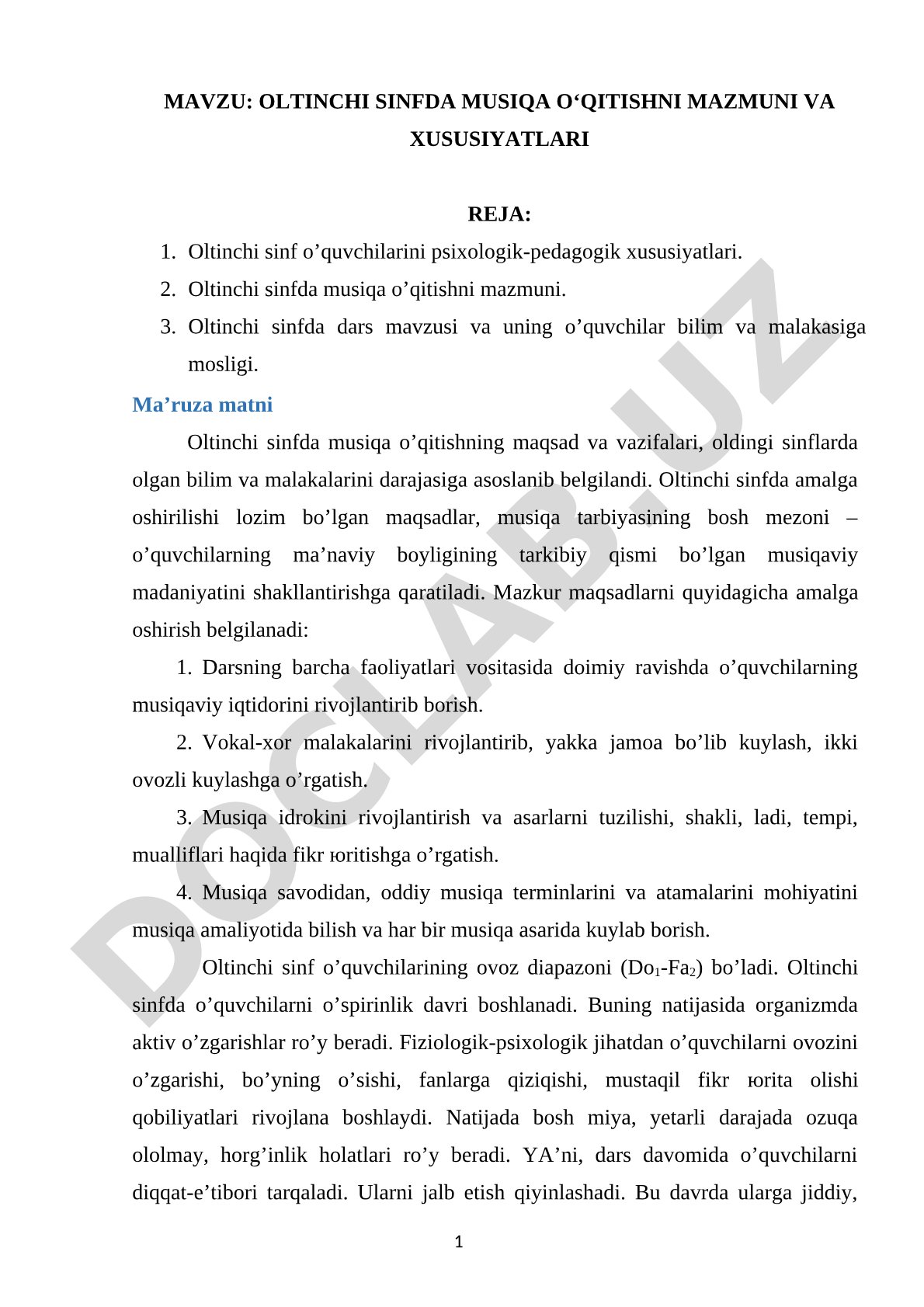 Oltinchi sinfda musiqa o‘qitishni mazmuni va xususiyatlari